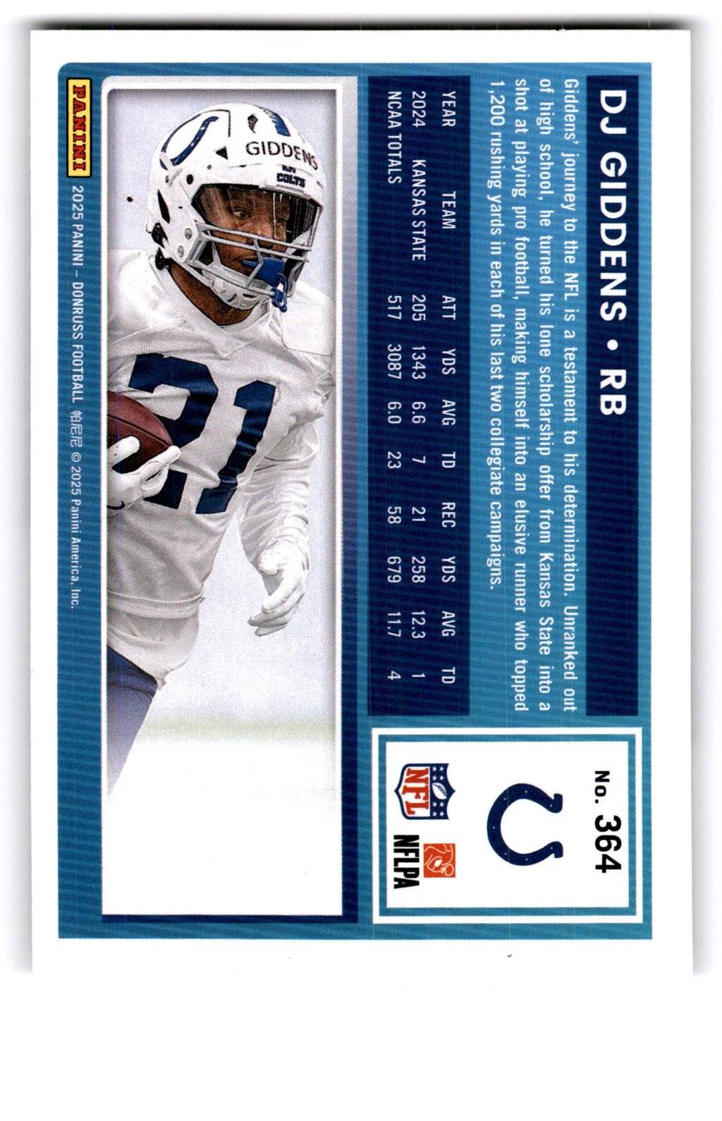 2025 Panini Donruss Rated Rookie DJ Giddens #364