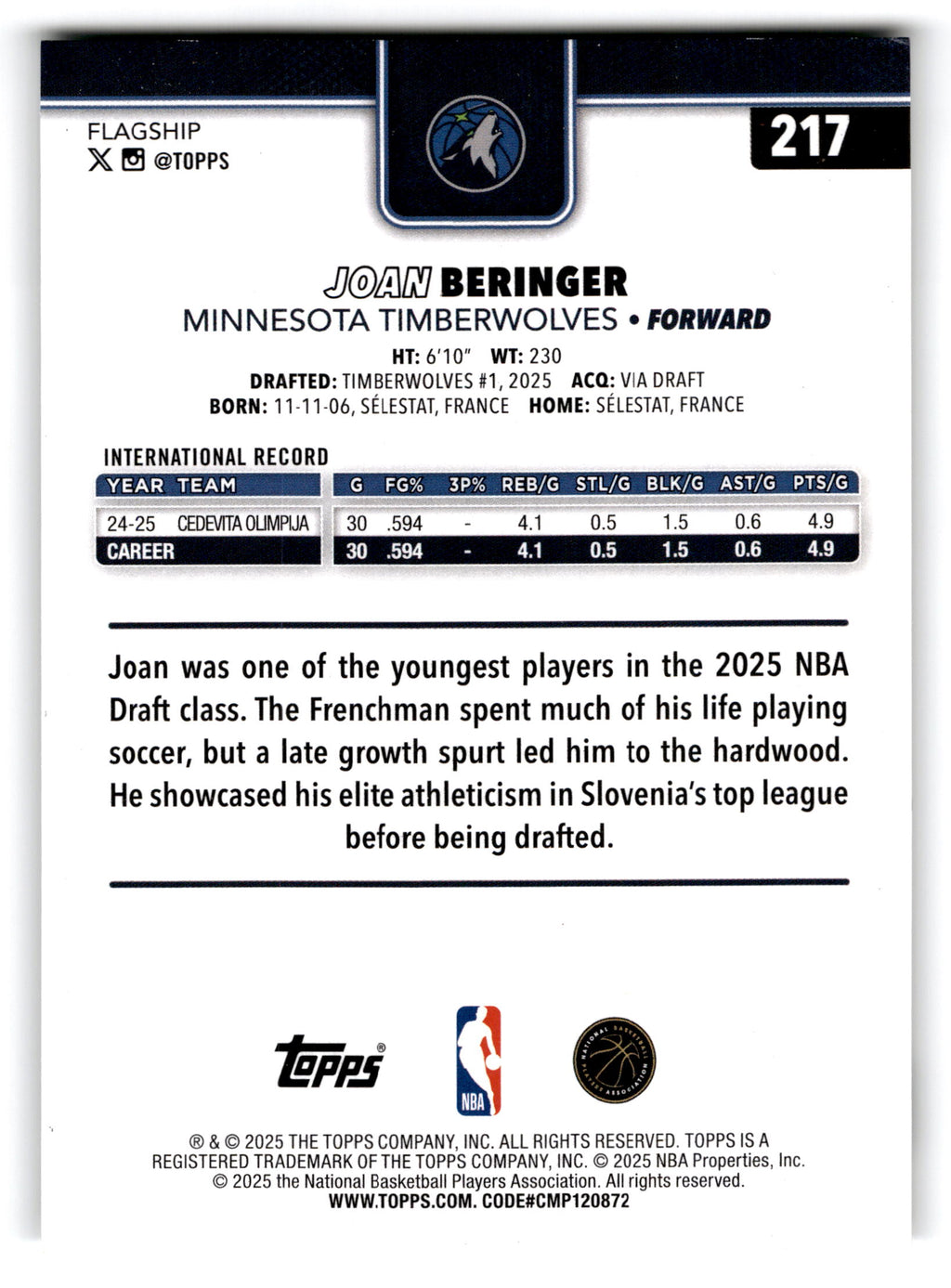 2025 Topps Flagship Joan Beringer #217 RC
