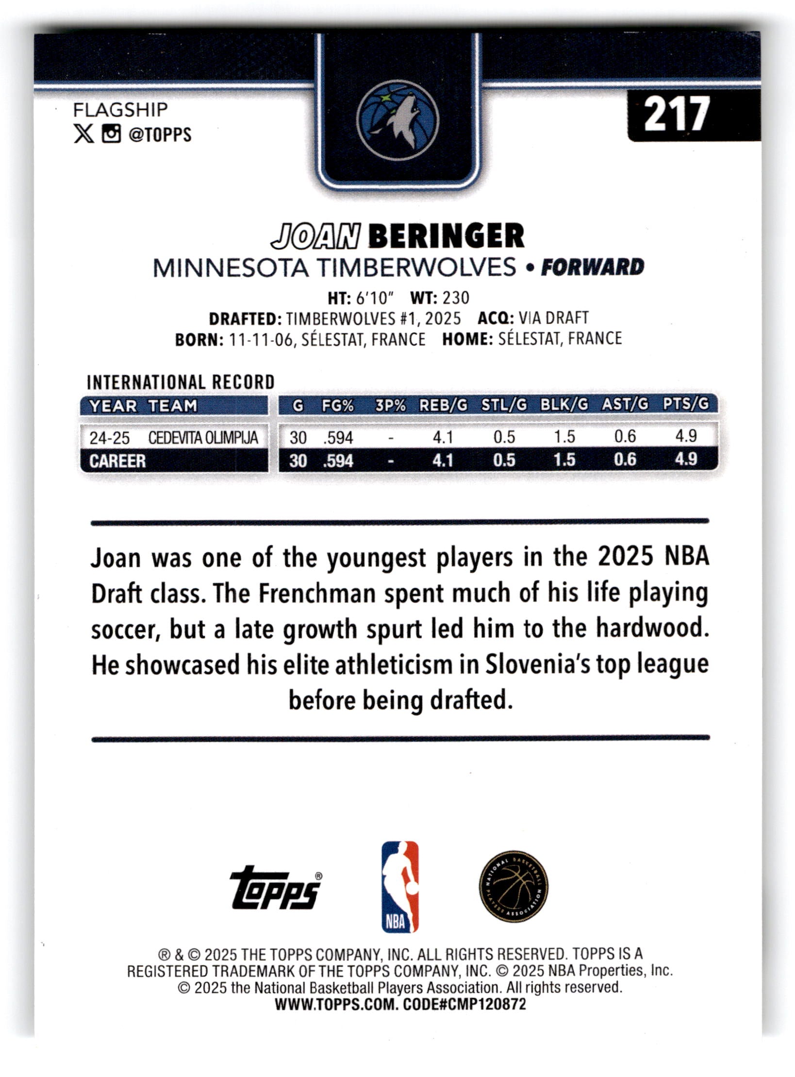2025 Topps Flagship Joan Beringer #217 RC