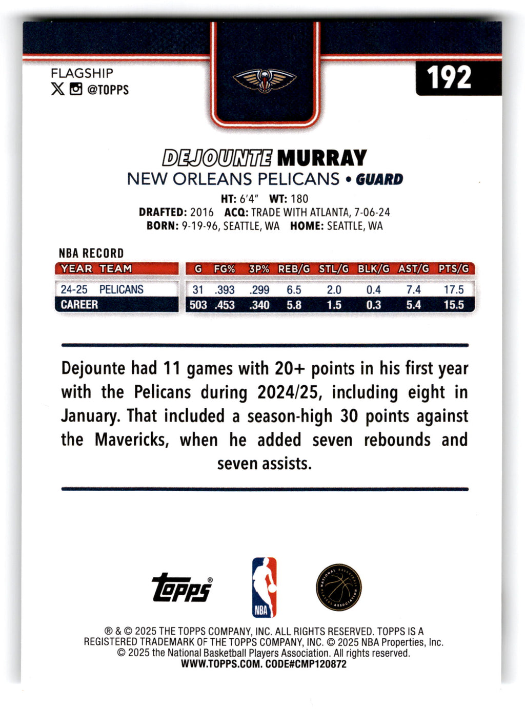 2025 Topps Flagship Dejounte Murray #192