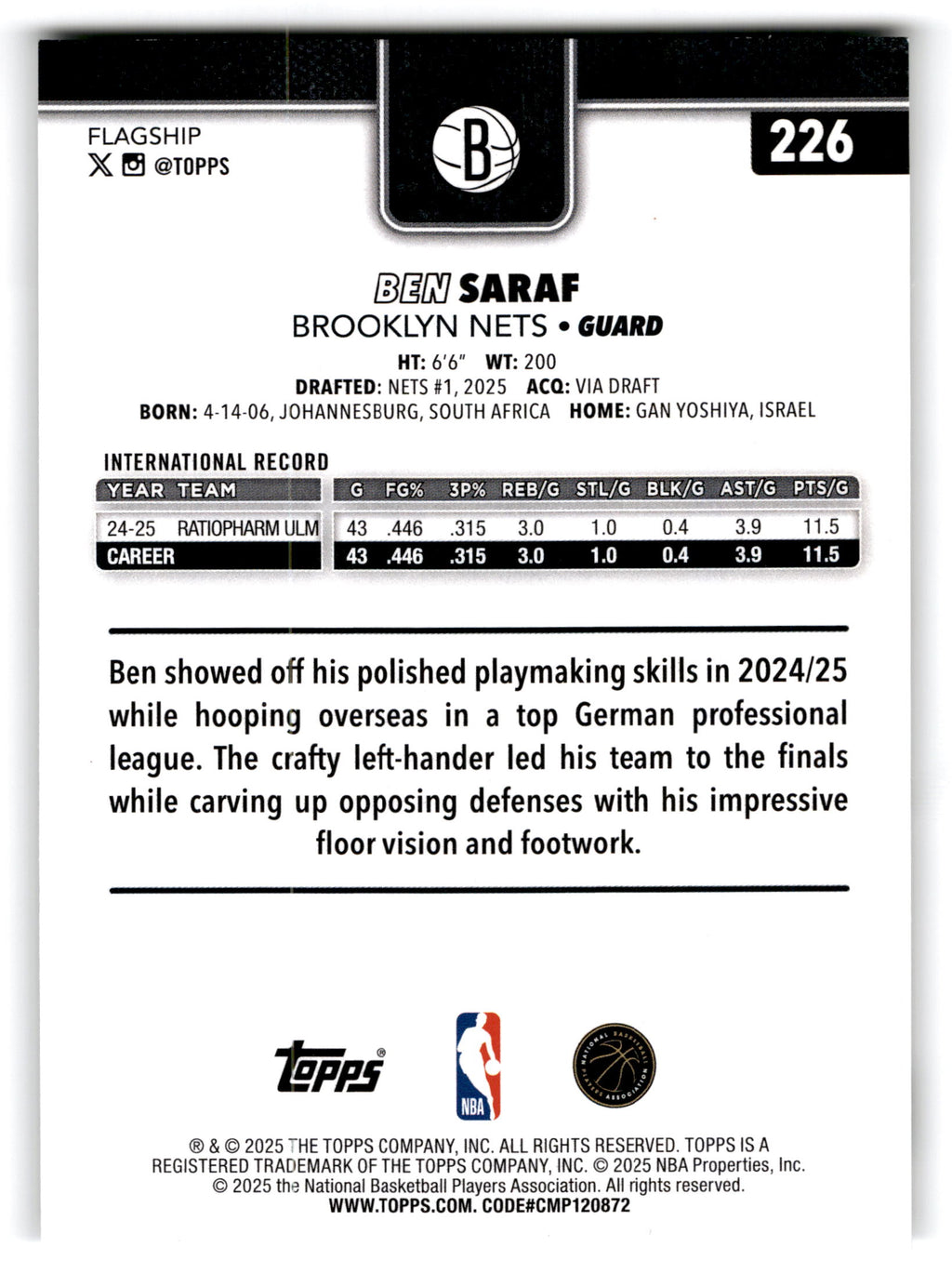 2025 Topps Flagship Ben Saraf #226 RC