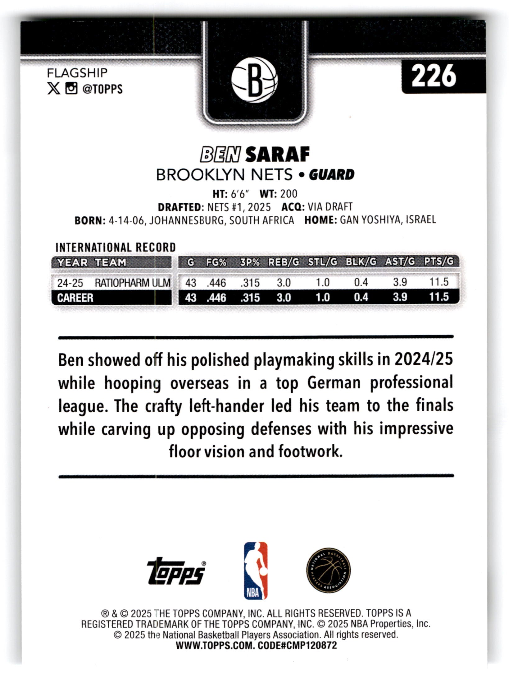 2025 Topps Flagship Ben Saraf #226 RC