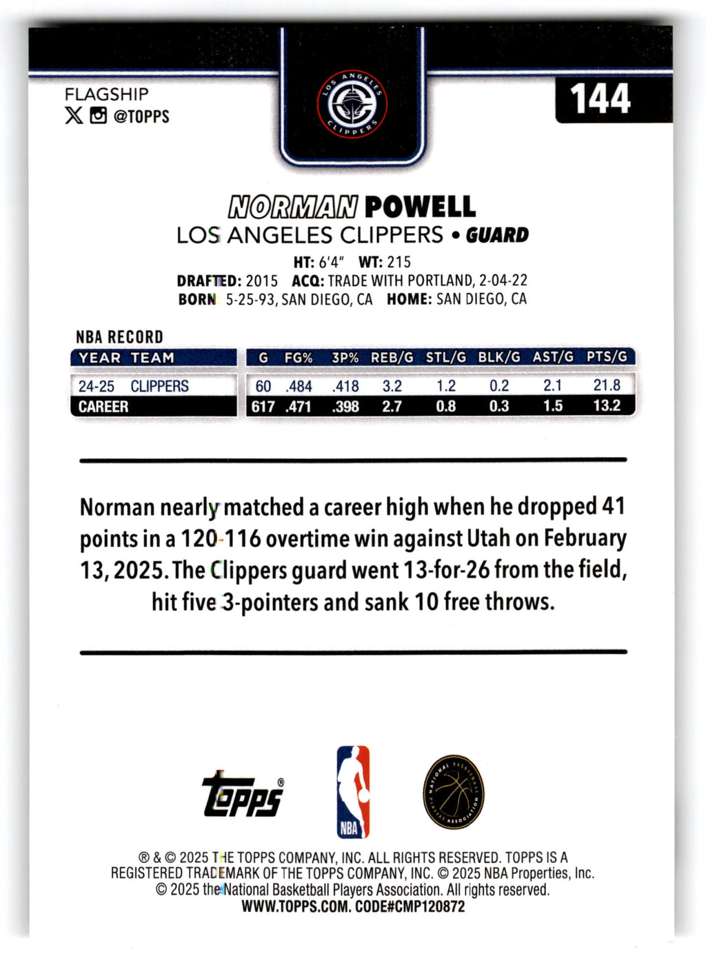 2025 Topps Flagship Norman Powell #144