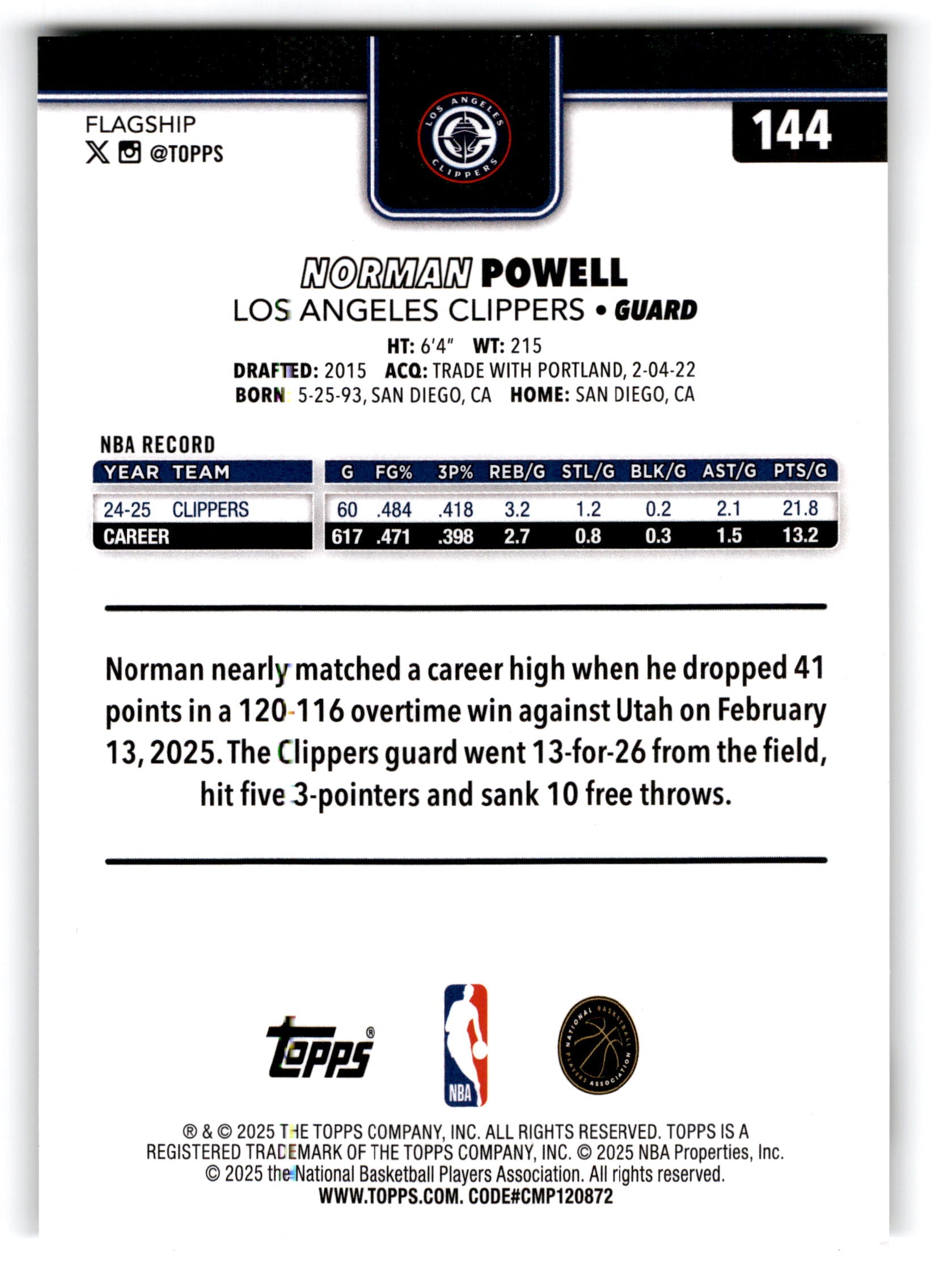 2025 Topps Flagship Norman Powell #144