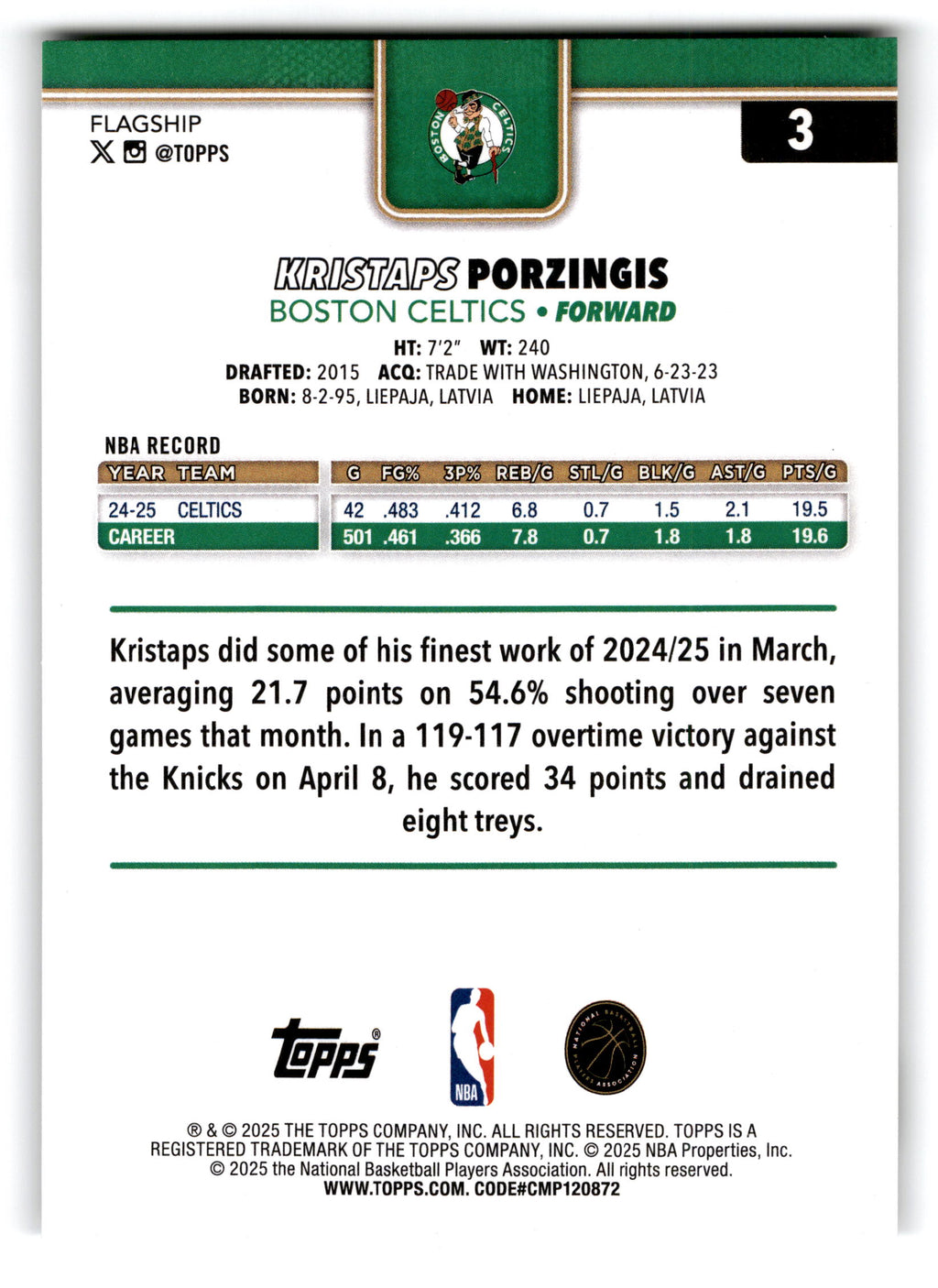 2025 Topps Basketball Kristaps Porzingis #3