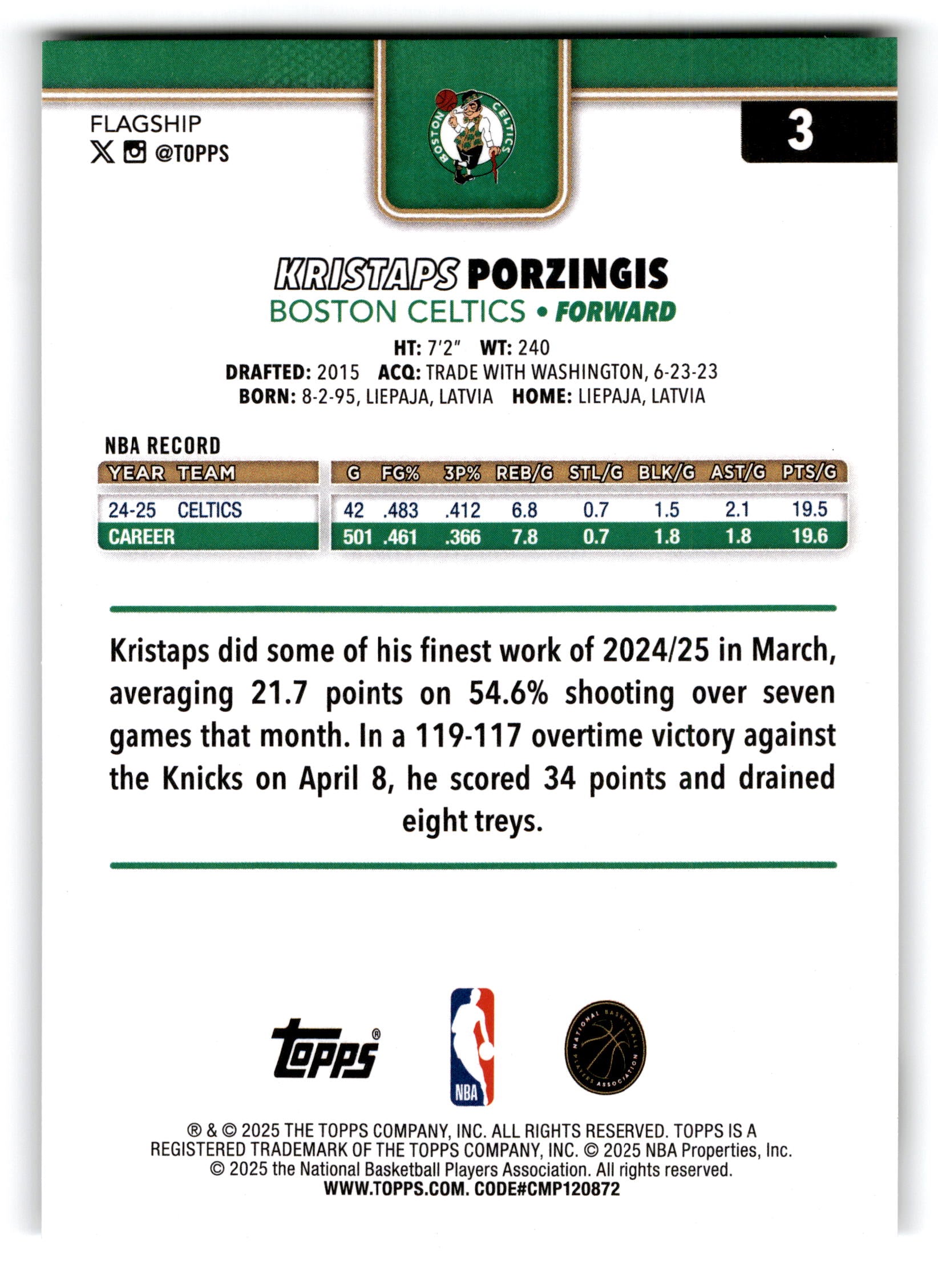 2025 Topps Basketball Kristaps Porzingis #3