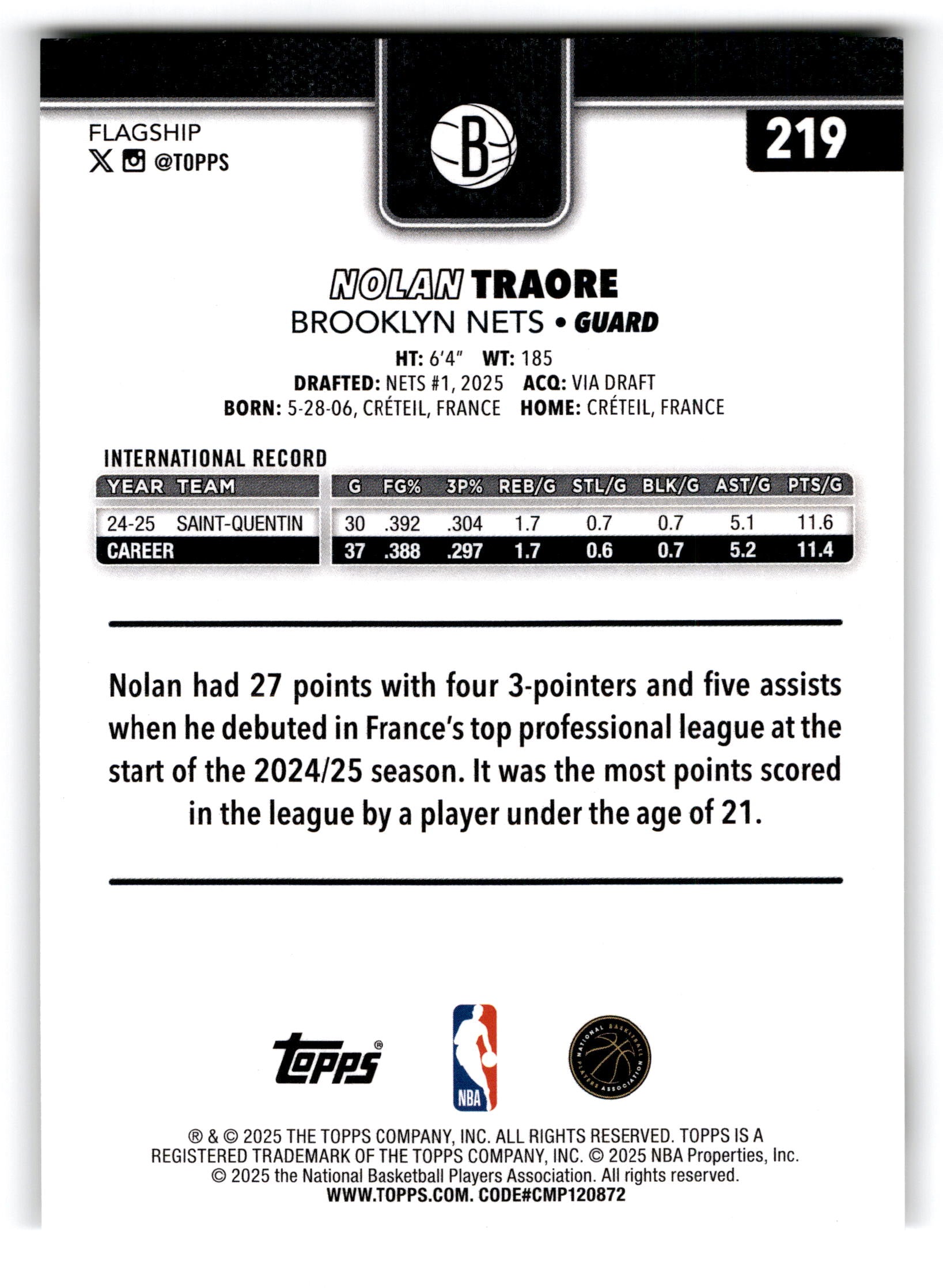 2025 Topps Nolan Traore #219 RC