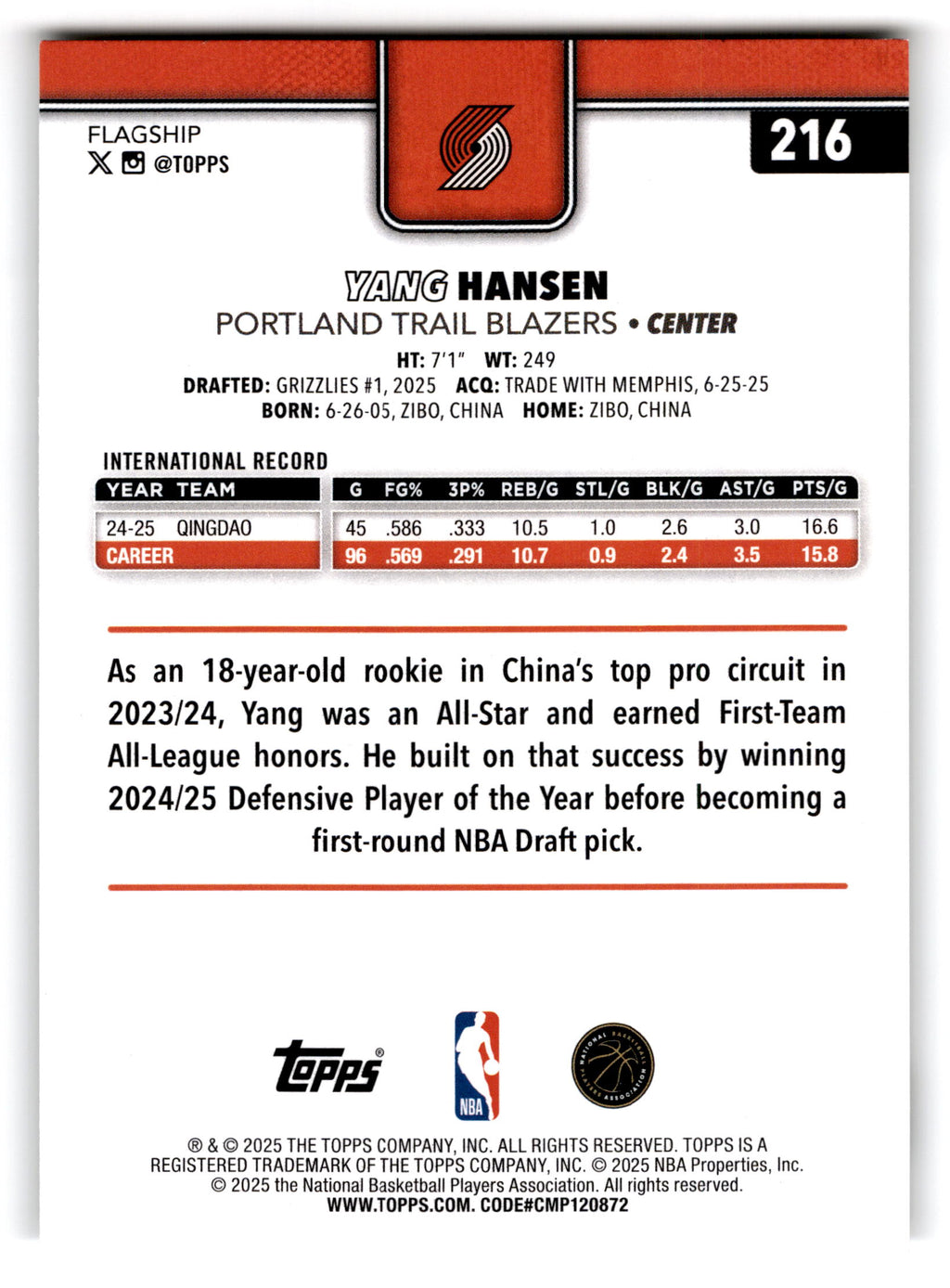2025 Topps Flagship Yang Hansen #216 RC