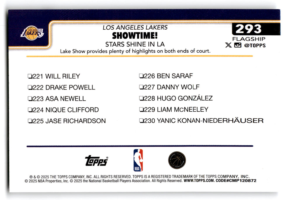 2025 Topps Flagship Los Angeles Lakers Team #293