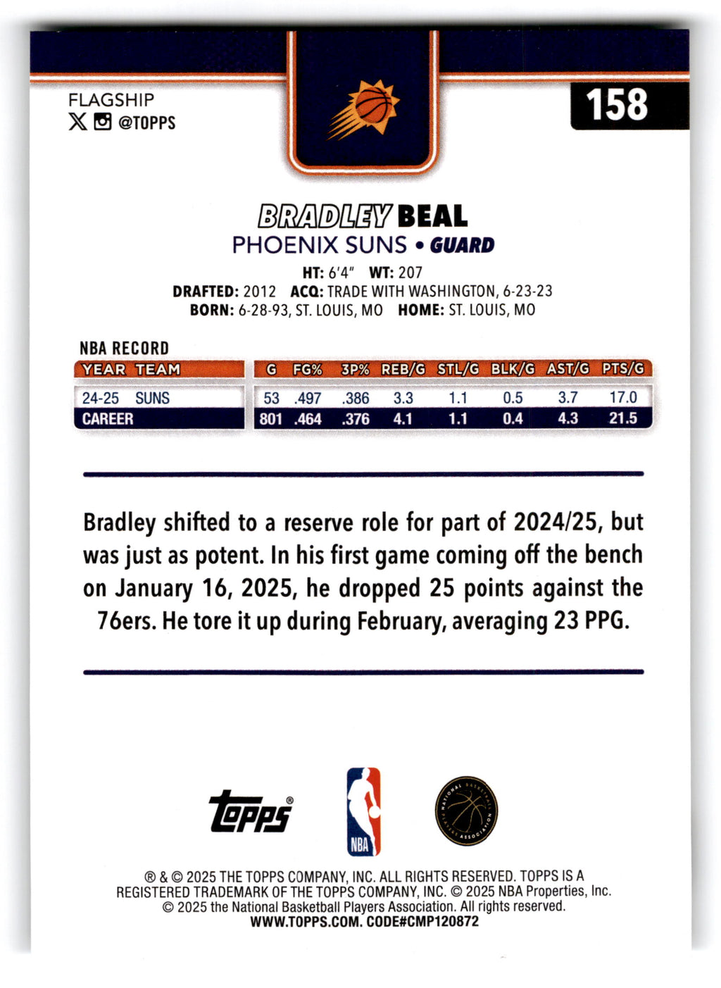 2025 Topps Flagship Bradley Beal #158