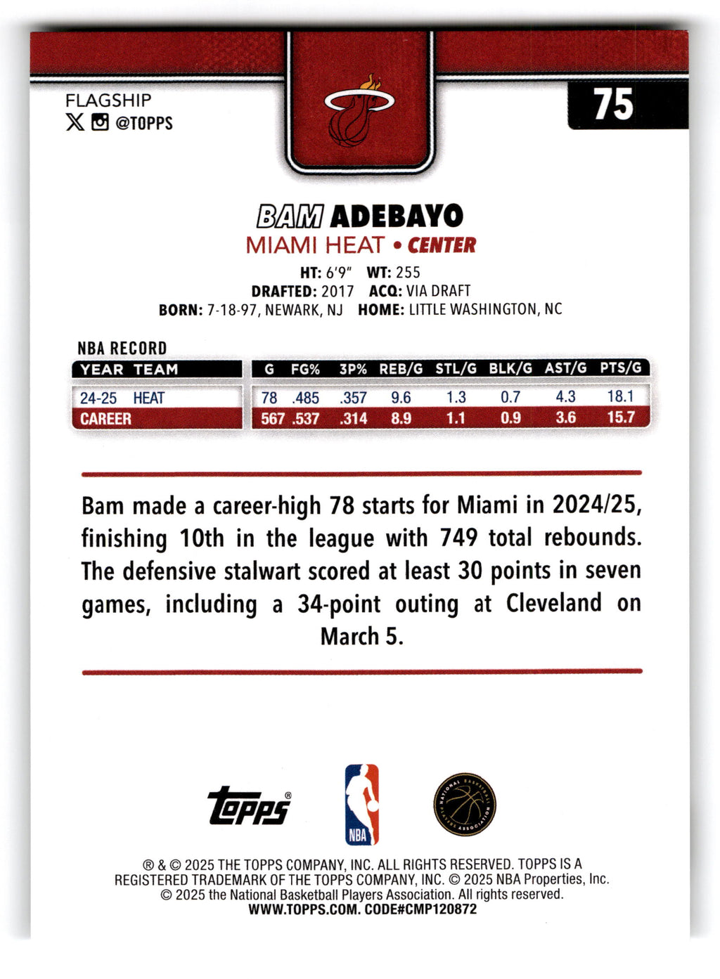 2025 Topps Flagship Bam Adebayo #75