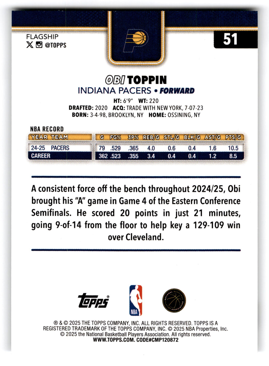 2025 Topps Flagship Obi Toppin #51