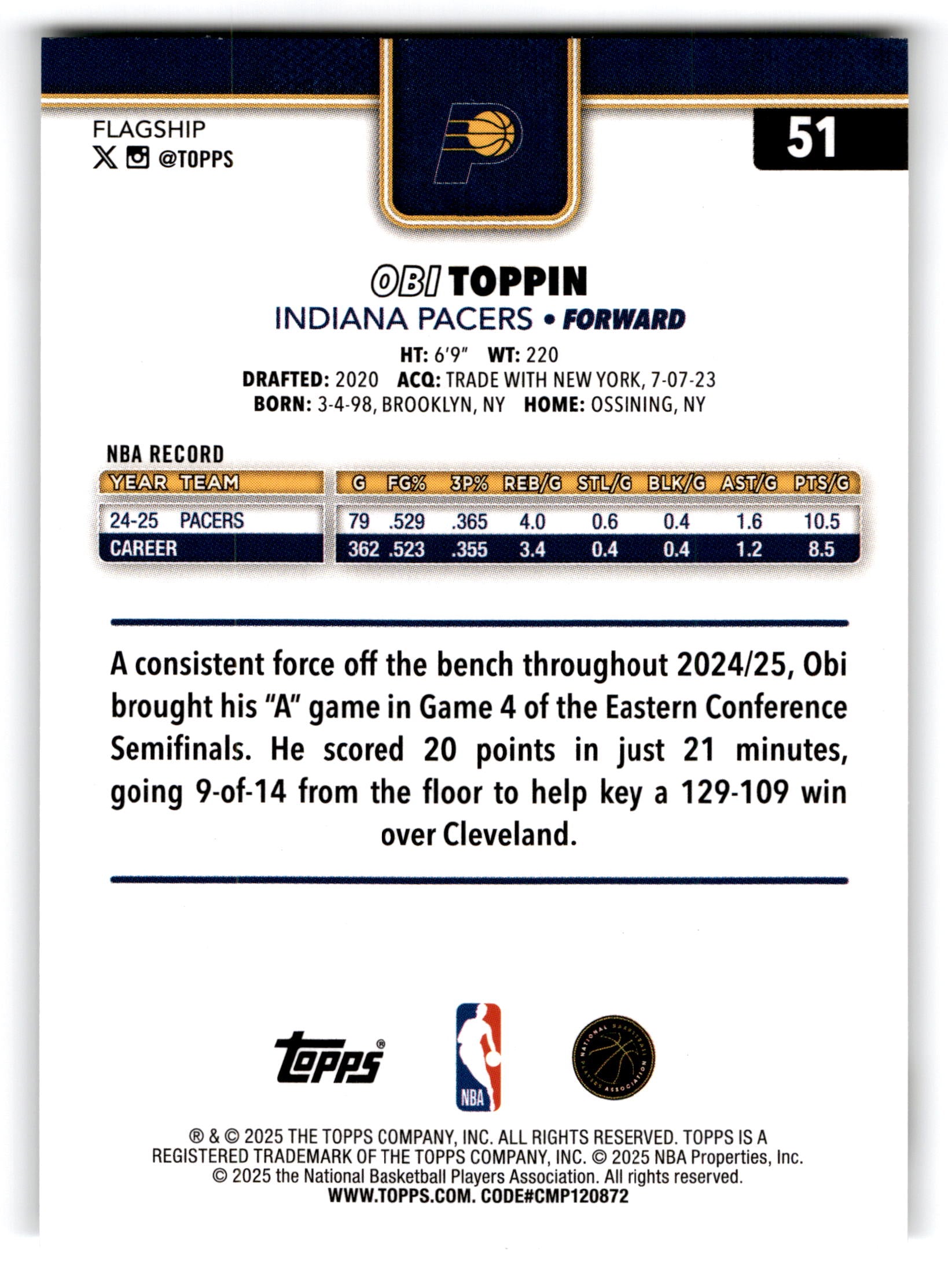 2025 Topps Flagship Obi Toppin #51