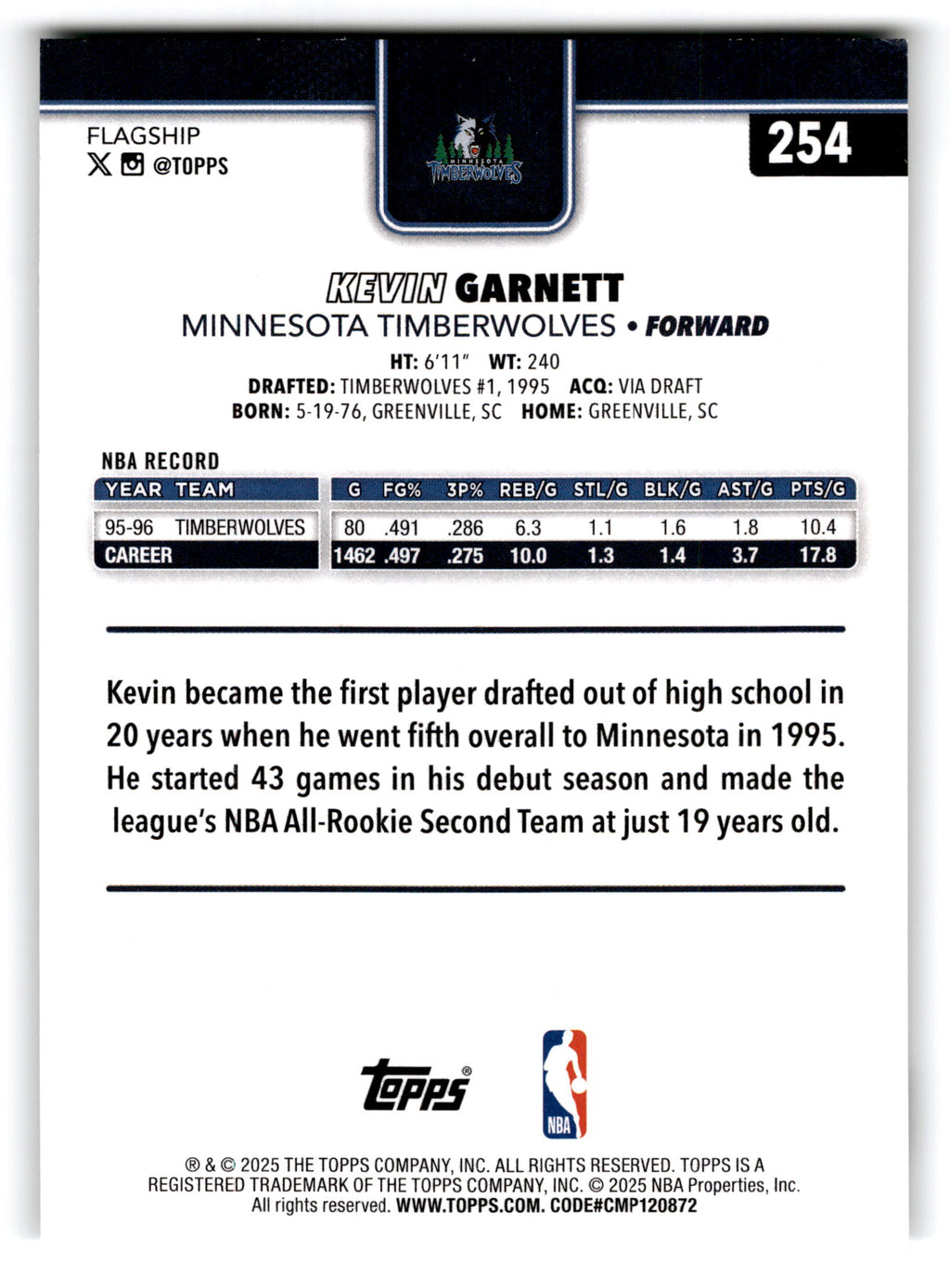 2025 Topps Basketball Kevin Garnett #254