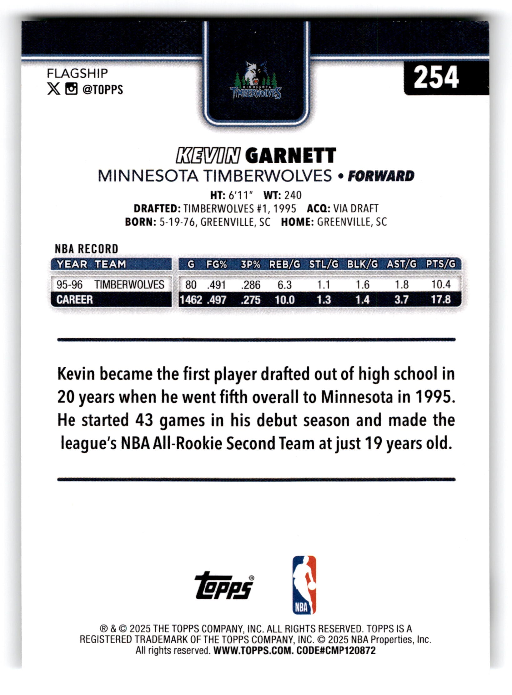 2025 Topps Basketball Kevin Garnett #254