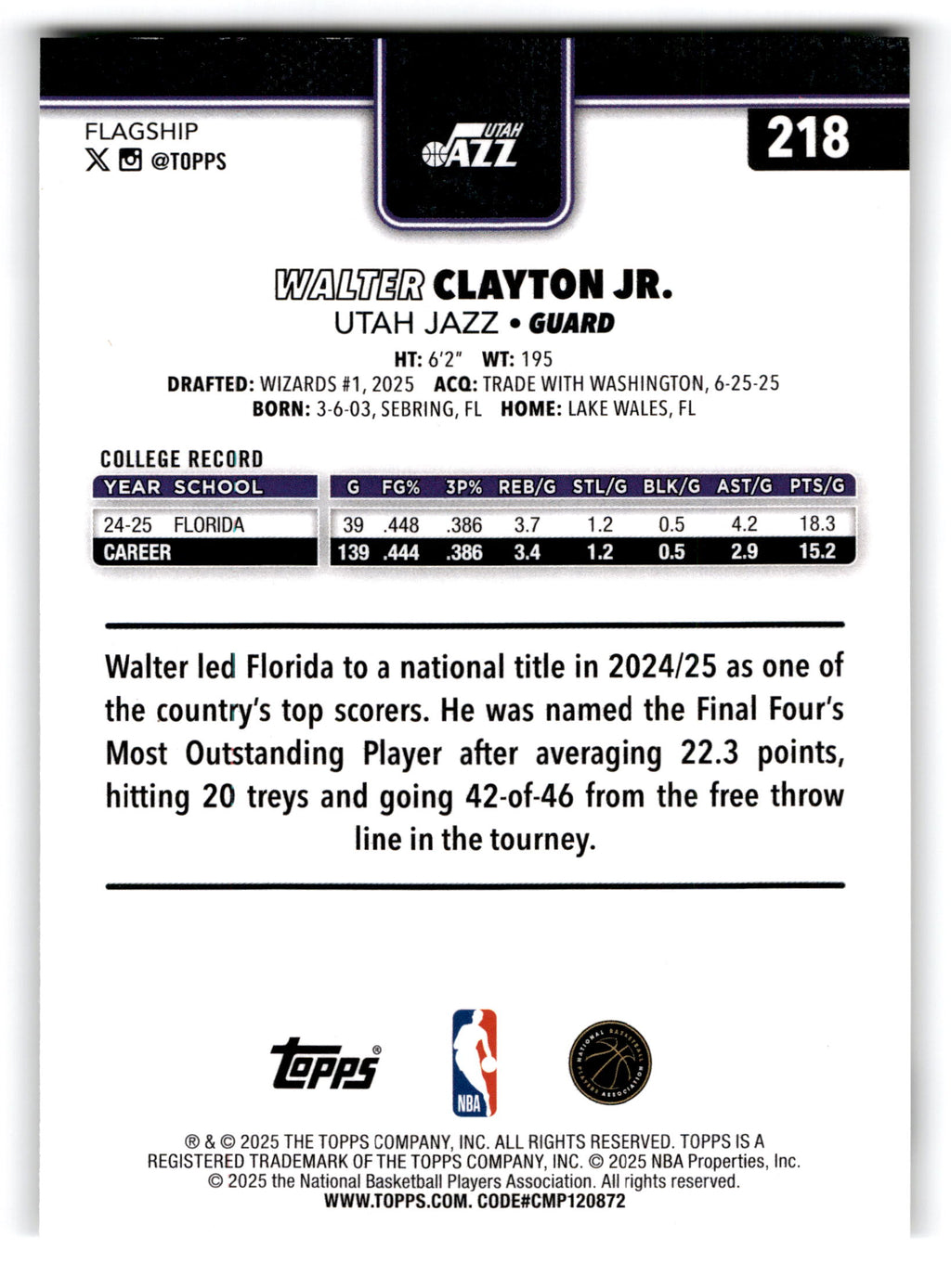 2025 Topps Walter Clayton Jr. #218 RC