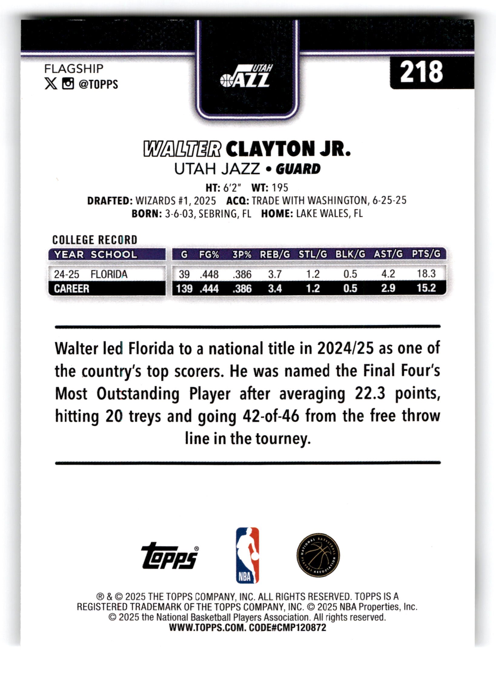 2025 Topps Walter Clayton Jr. #218 RC