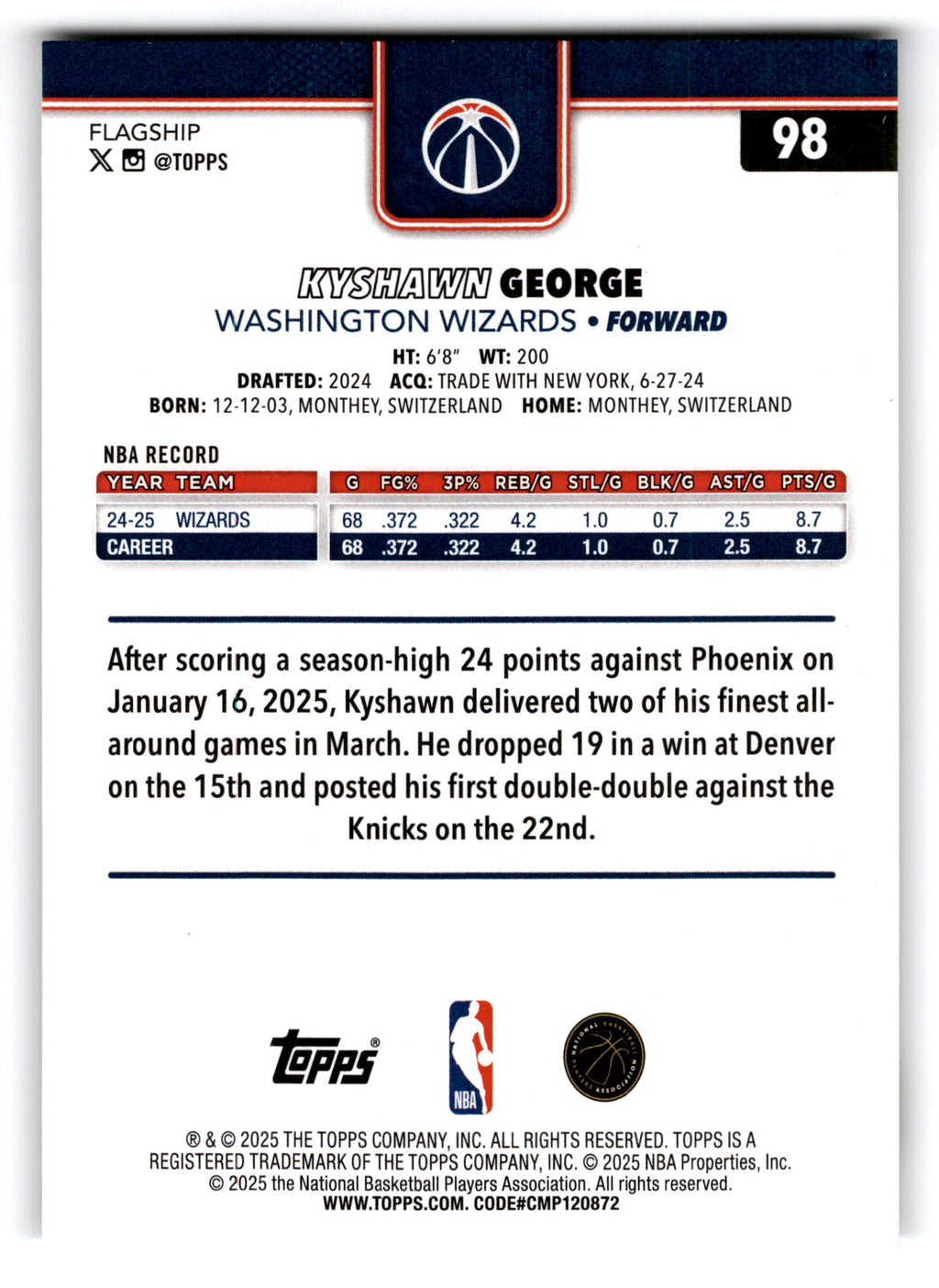 2025 Topps Flagship Basketball Kyshawn George #98