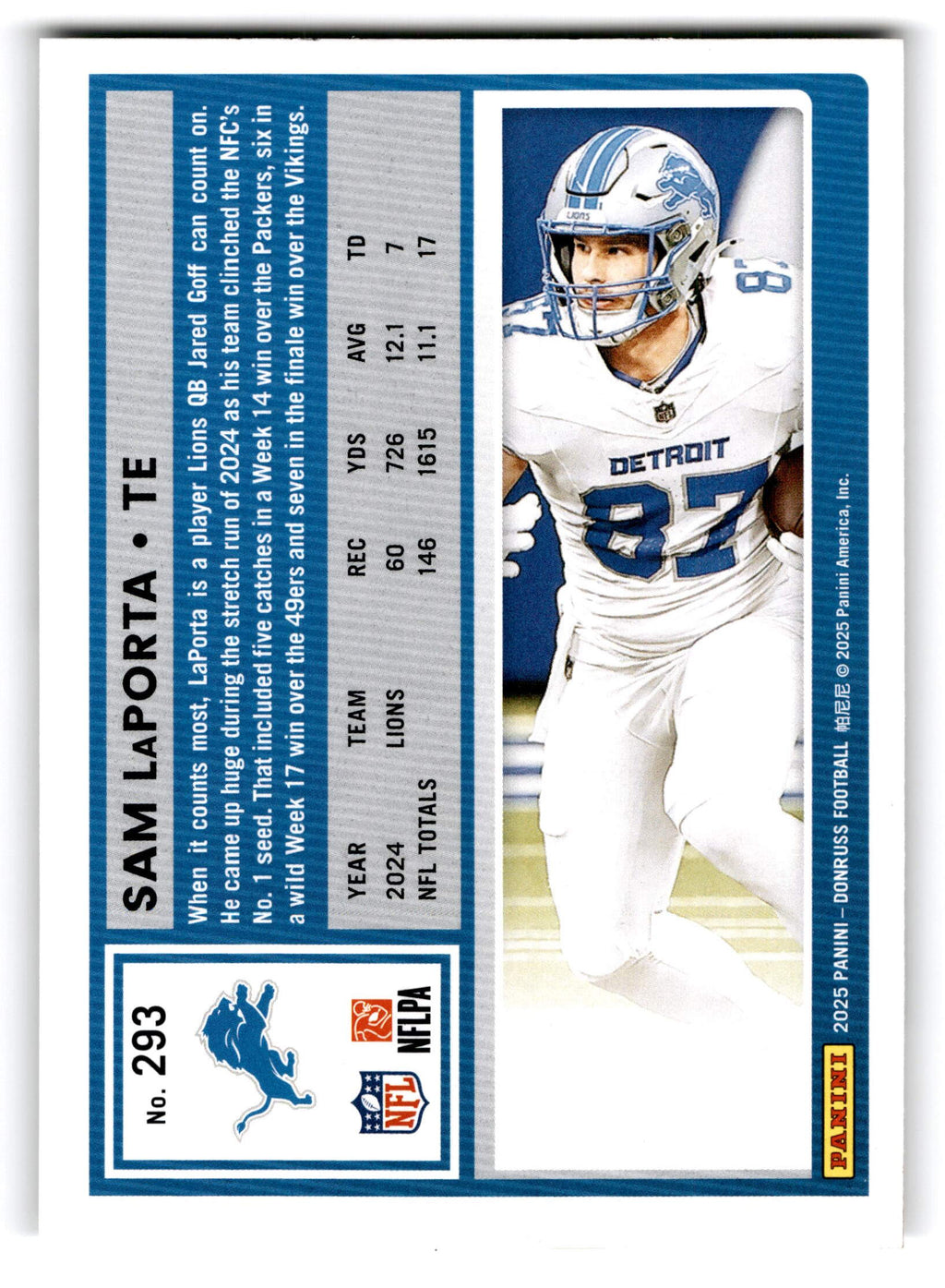 2025 Panini Donruss Football Sam LaPorta #293