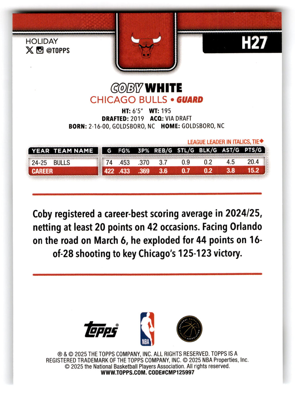 2025 Topps Holiday Coby White #H27