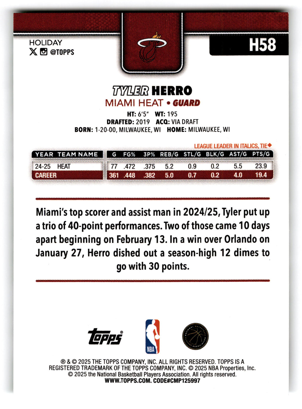 2025 Topps Holiday Basketball Tyler Herro #H58