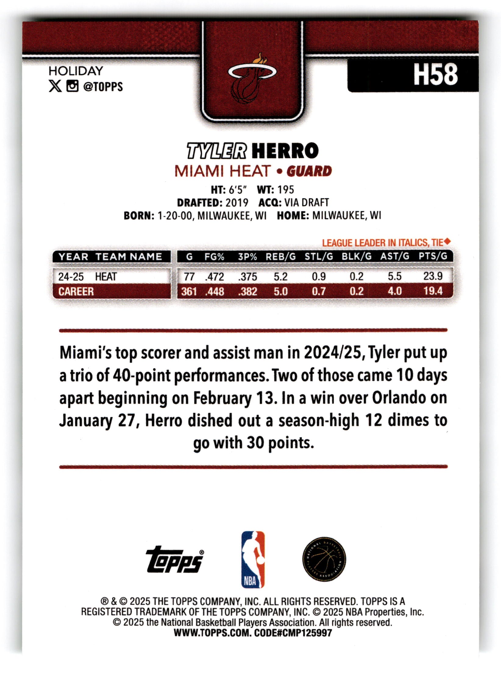 2025 Topps Holiday Basketball Tyler Herro #H58