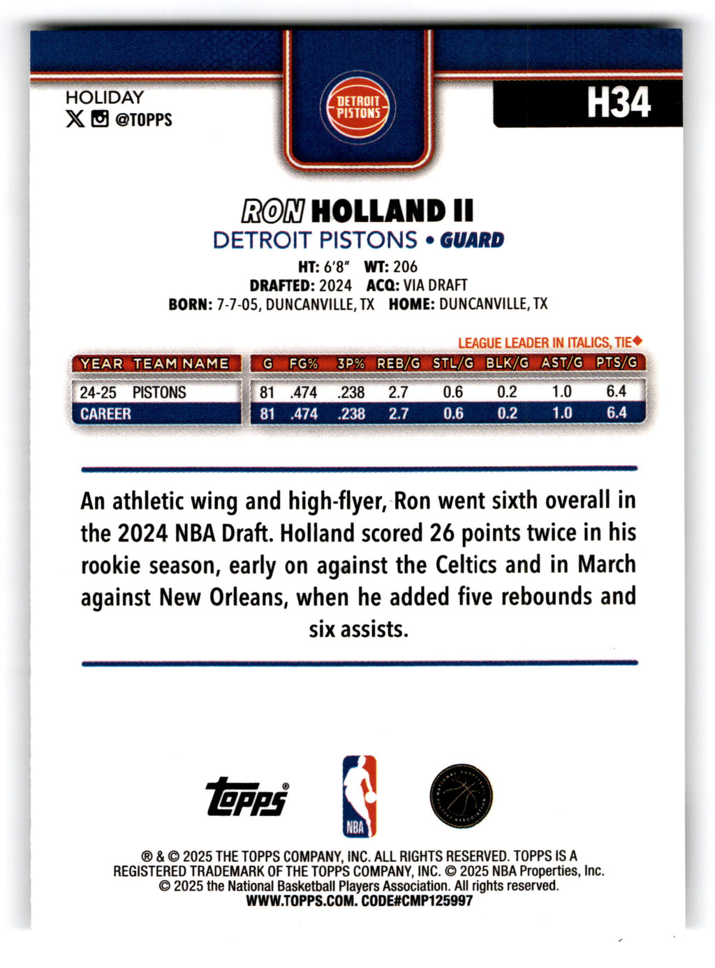 2025 Topps Holiday Ron Holland II #H34