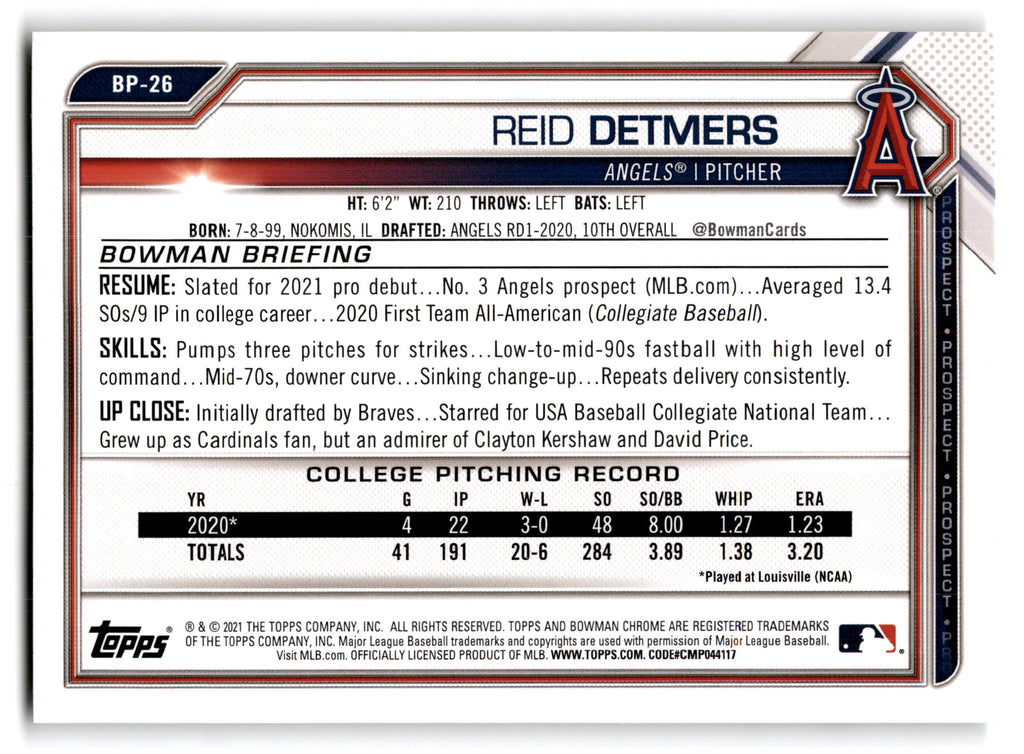 2021 Bowman Prospects Reid Detmers #BP-26