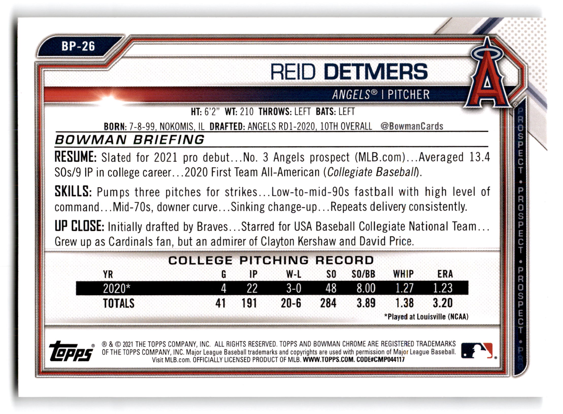 2021 Bowman Prospects Reid Detmers #BP-26