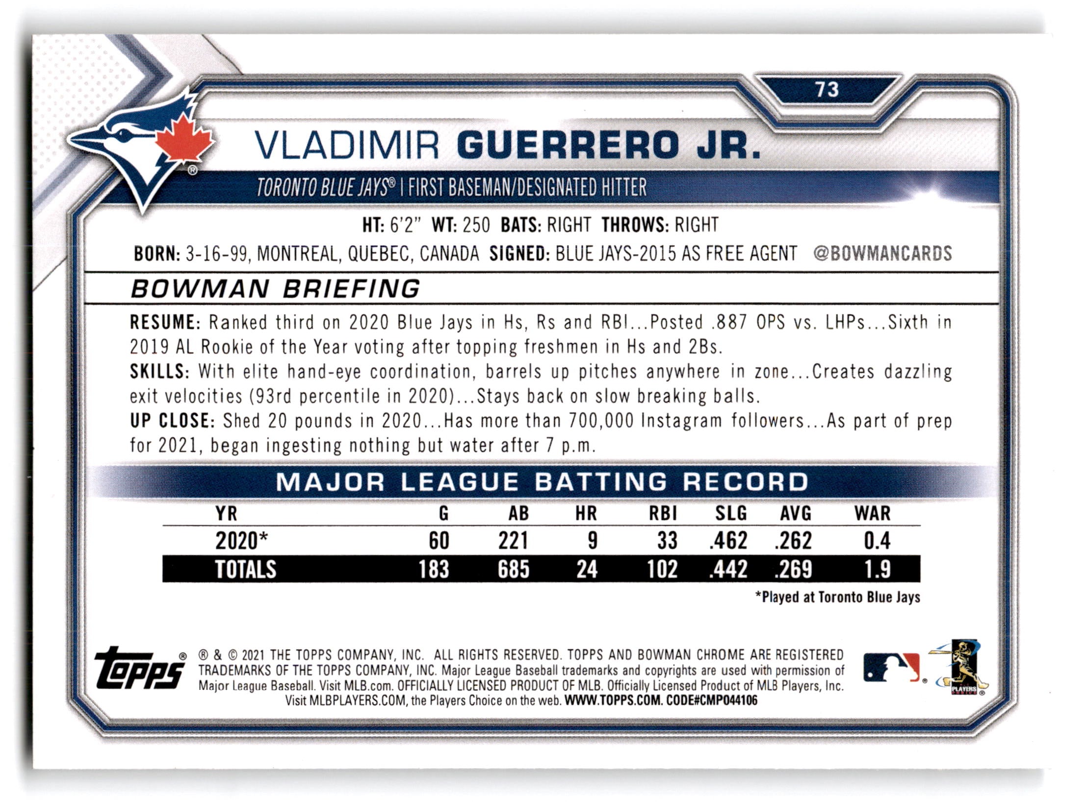 2021 Topps Bowman Vladimir Guerrero Jr. #73