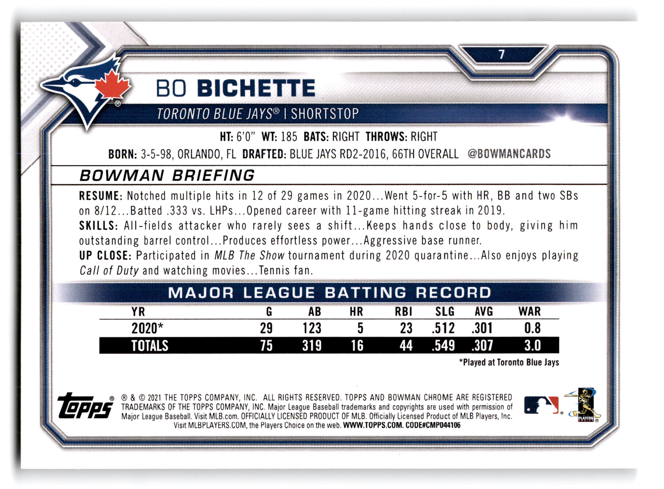 2021 Topps Bowman Bo Bichette #7
