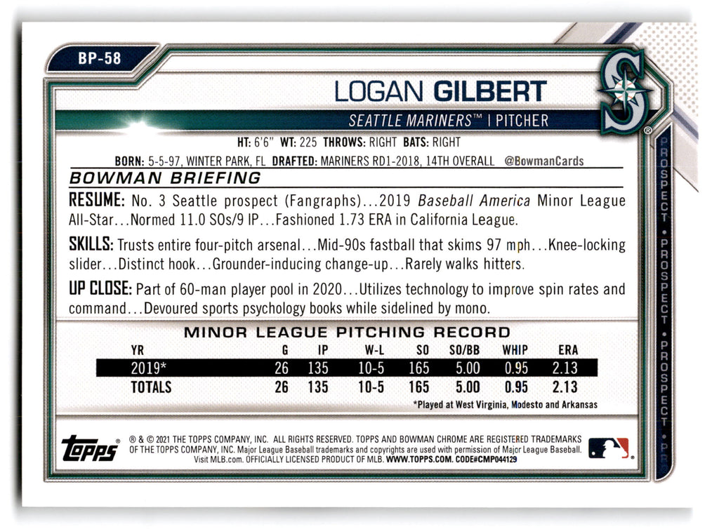 2021 Bowman Prospects Logan Gilbert #BP-58