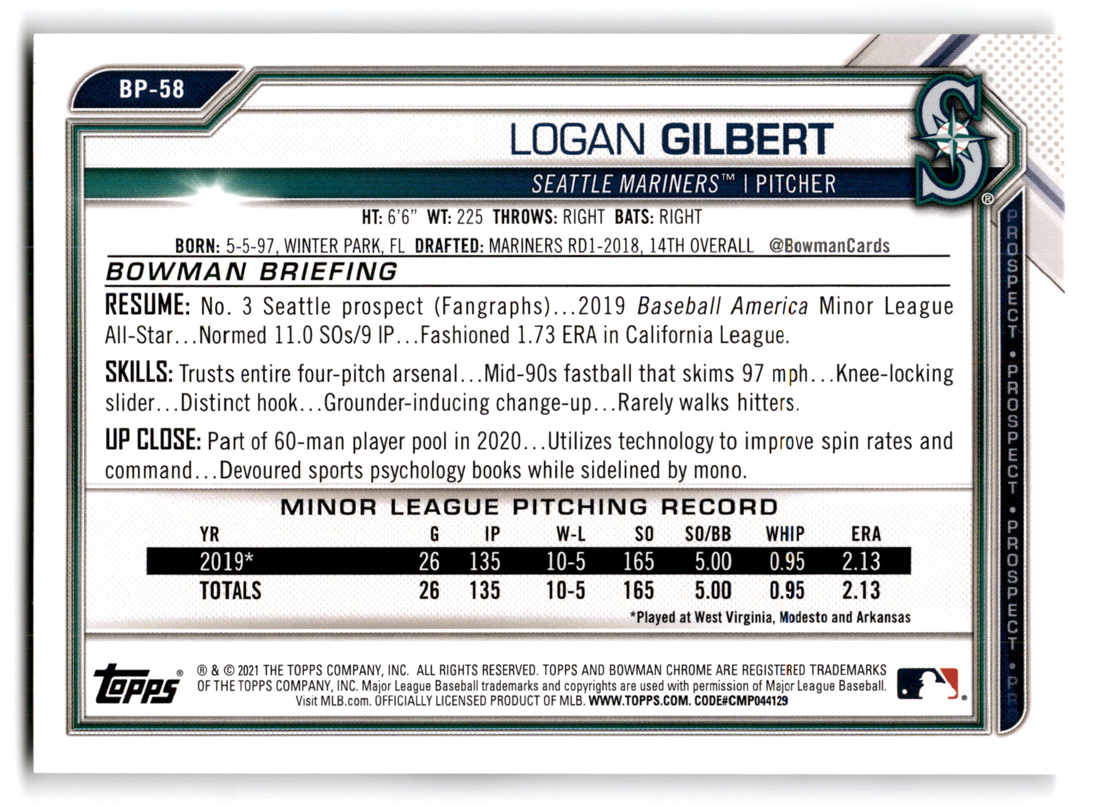 2021 Bowman Prospects Logan Gilbert #BP-58