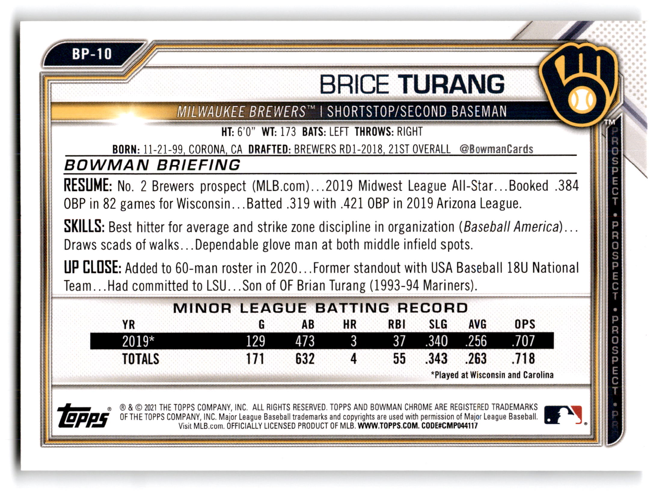 2020 Bowman Prospects Brice Turang #BP-10