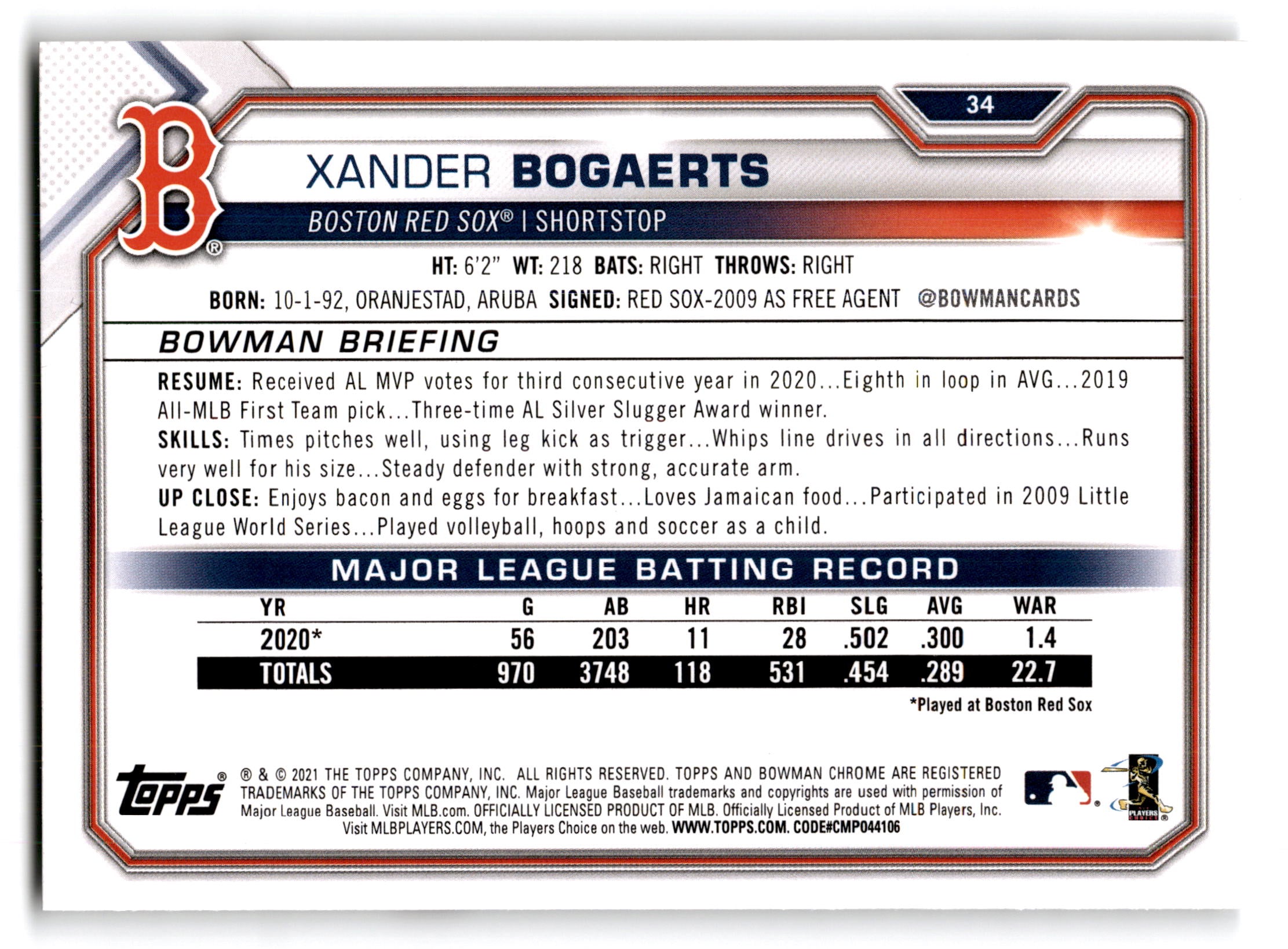 2021 Topps Bowman Xander Bogaerts #34