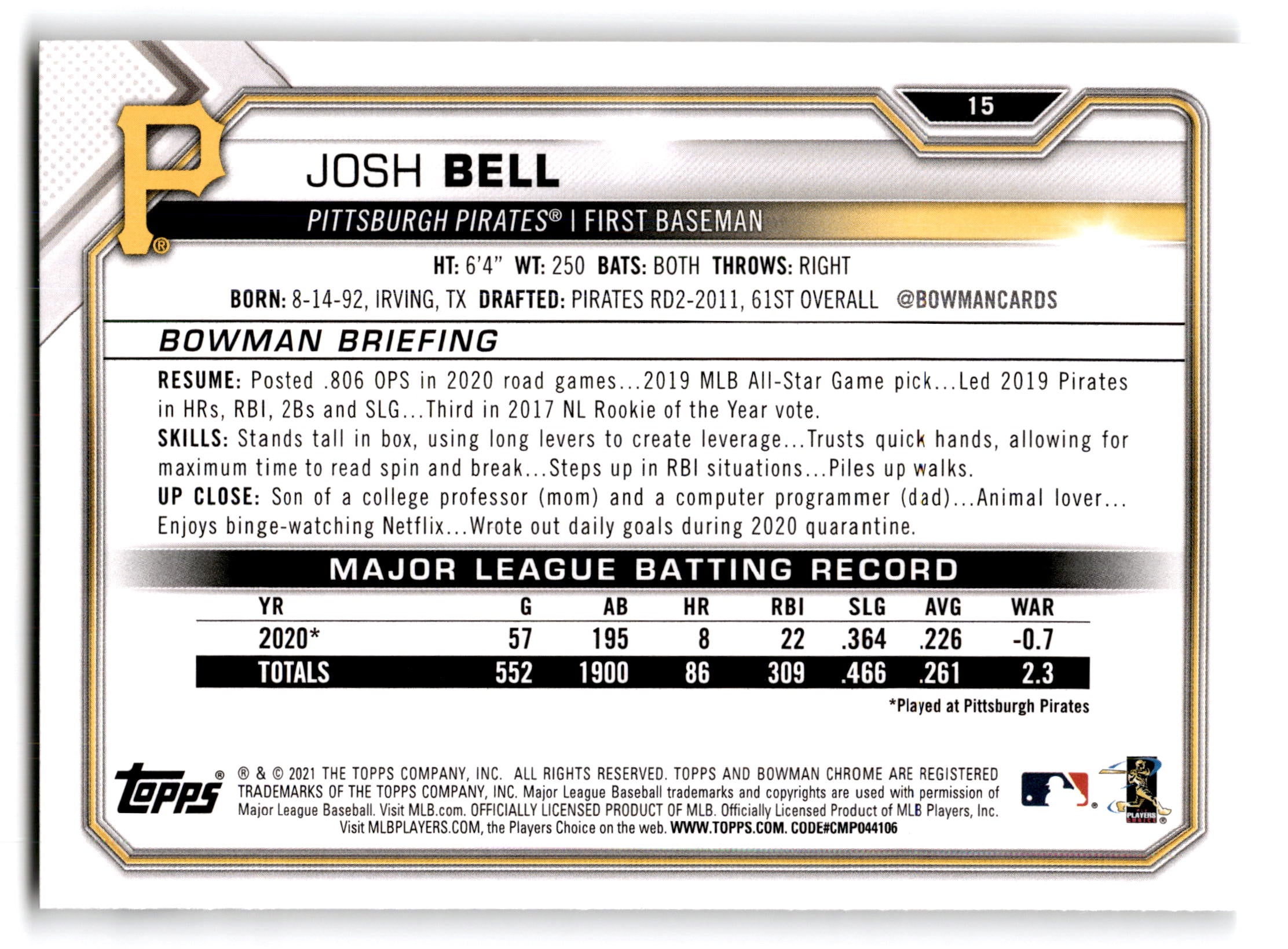2021 Topps Bowman Josh Bell #15