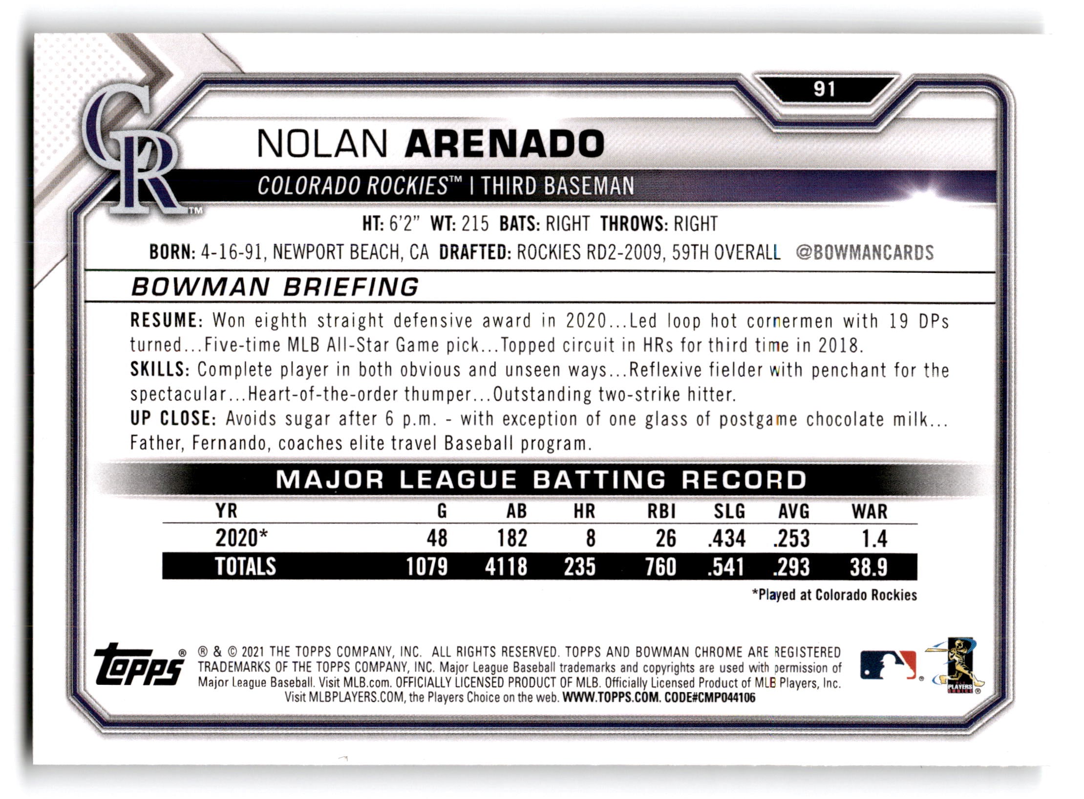 2021 Bowman Nolan Arenado #91