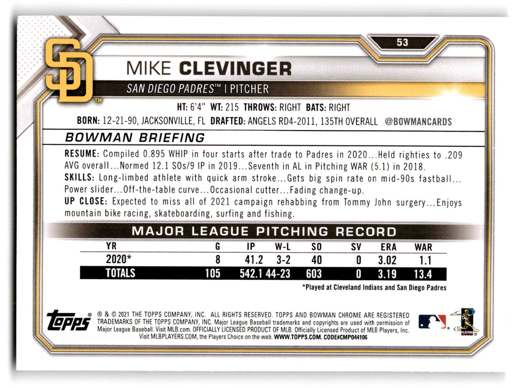 2021 Topps Bowman Mike Clevinger #53