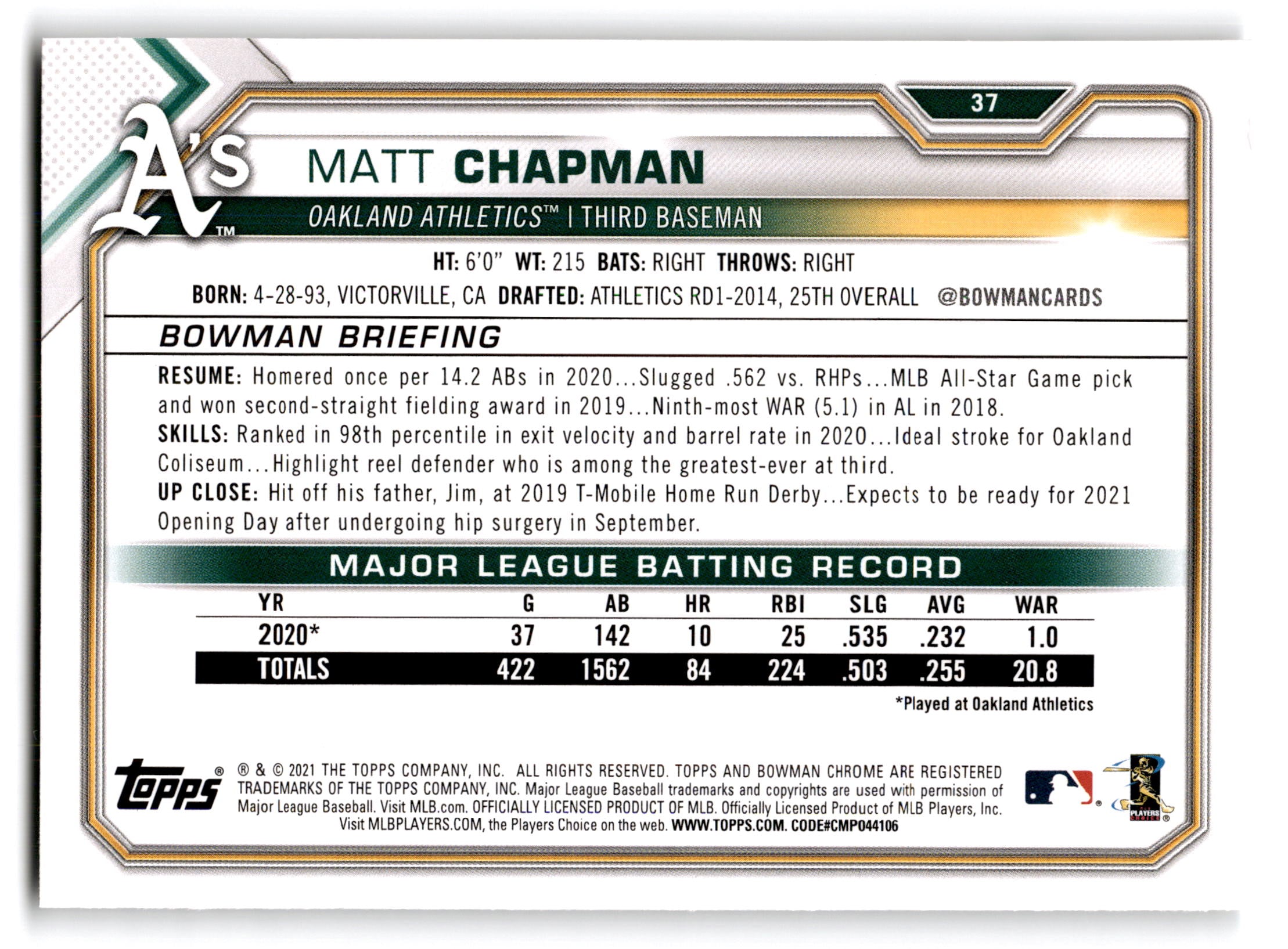 2021 Topps Bowman Matt Chapman #37