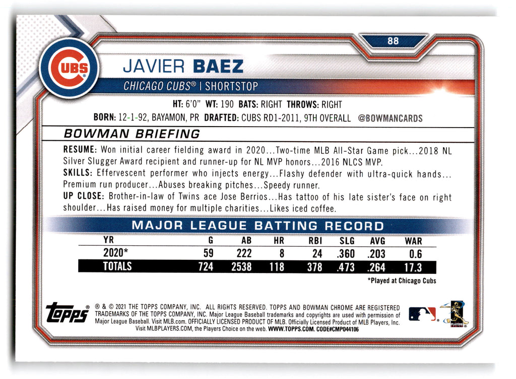2021 Topps Bowman Javier Báez #88