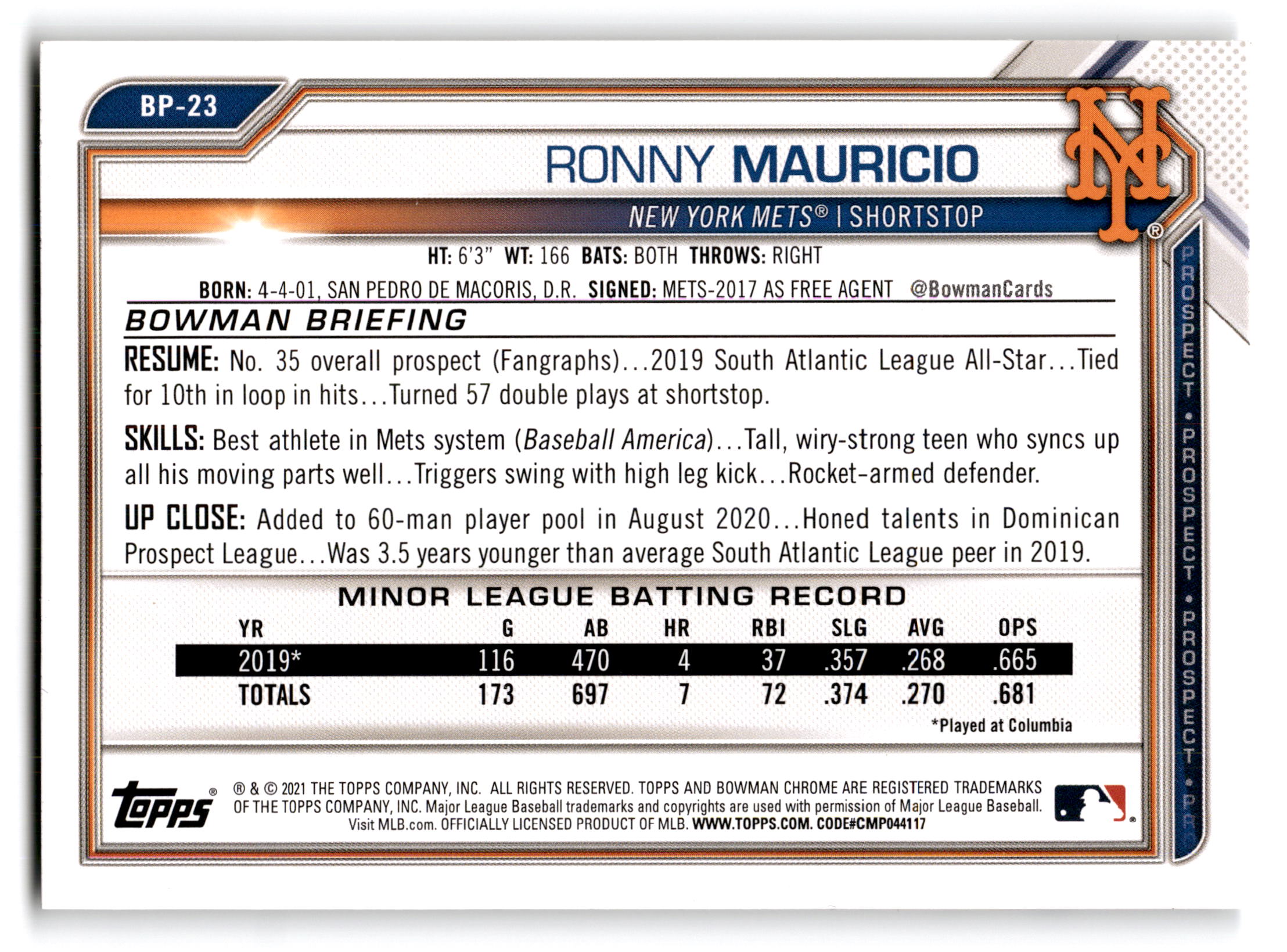 2021 Topps Bowman Prospects Ronny Mauricio #BP-23