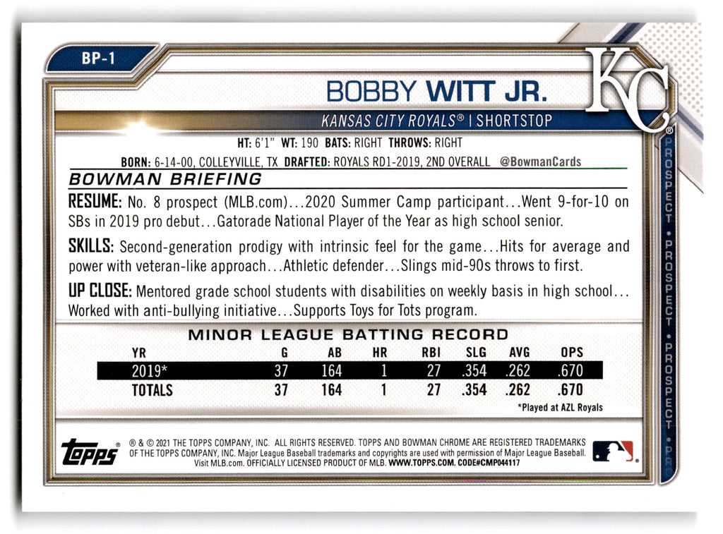 2020 Topps Bowman Prospects Bobby Witt Jr. #BP-1