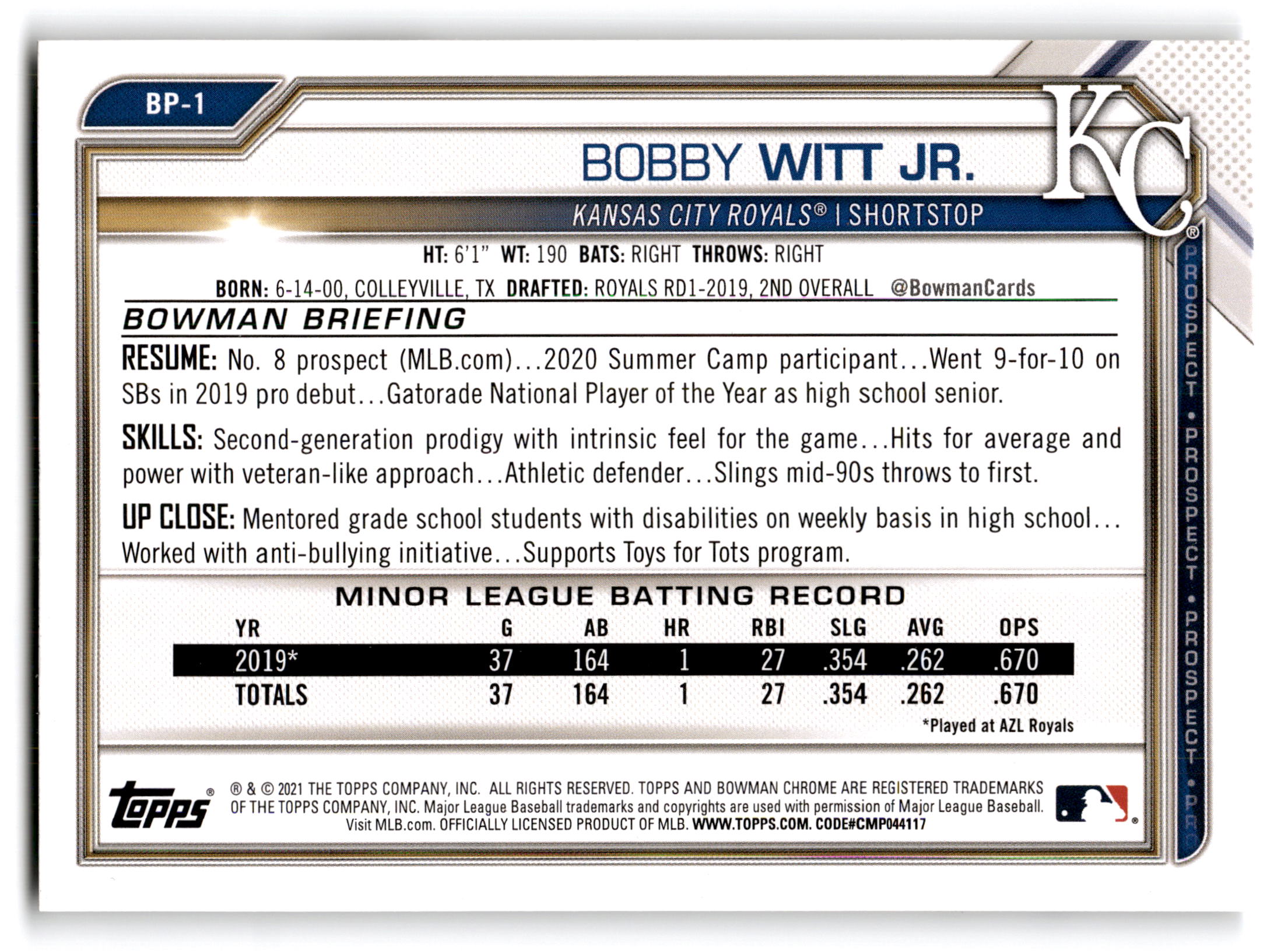 2020 Topps Bowman Prospects Bobby Witt Jr. #BP-1