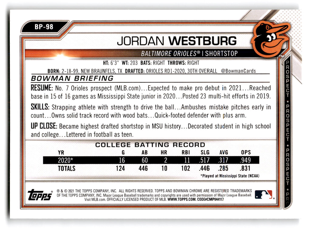 2021 Topps Bowman Prospects Jordan Westburg #BP-98