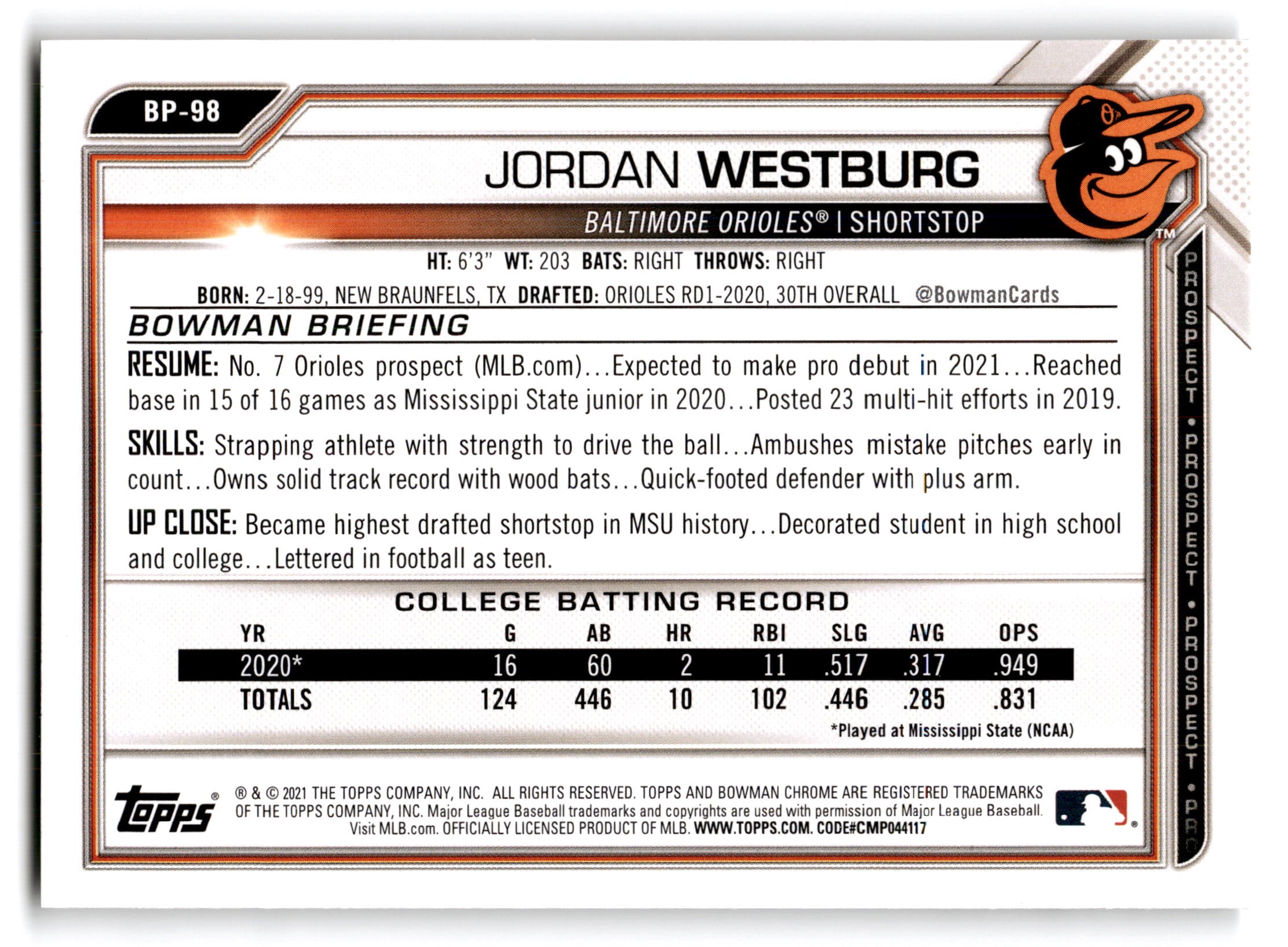 2021 Topps Bowman Prospects Jordan Westburg #BP-98