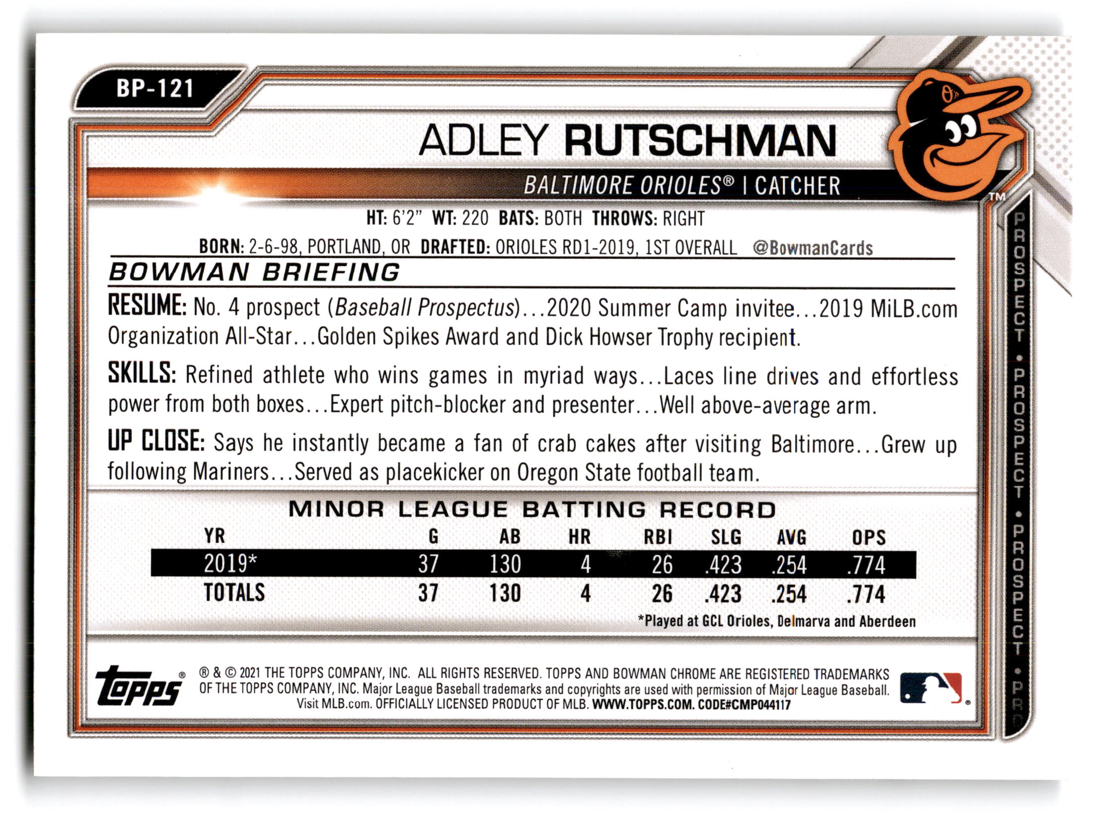 2021 Topps Bowman Prospects Adley Rutschman #BP-121