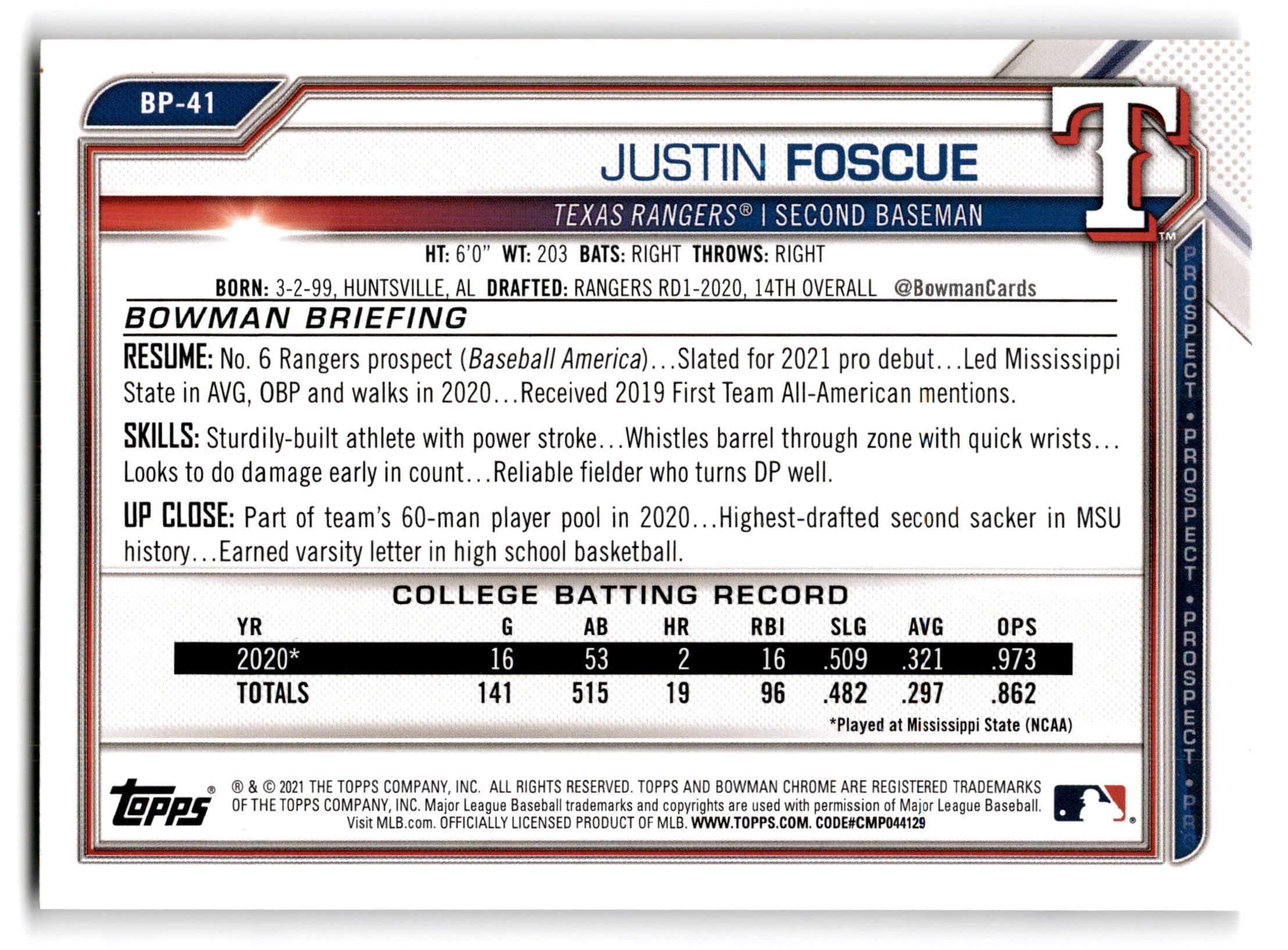 2021 Topps Bowman Prospects Justin Foscue #BP-41