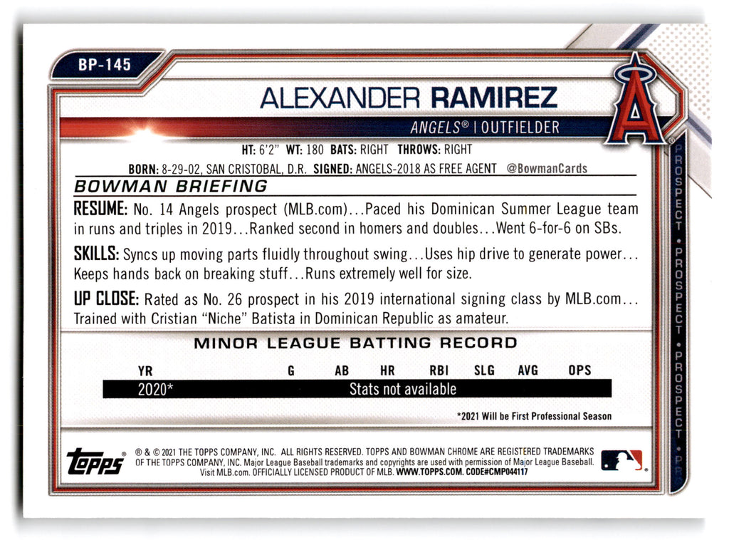 2021 Bowman Prospects Alexander Ramirez #BP-145