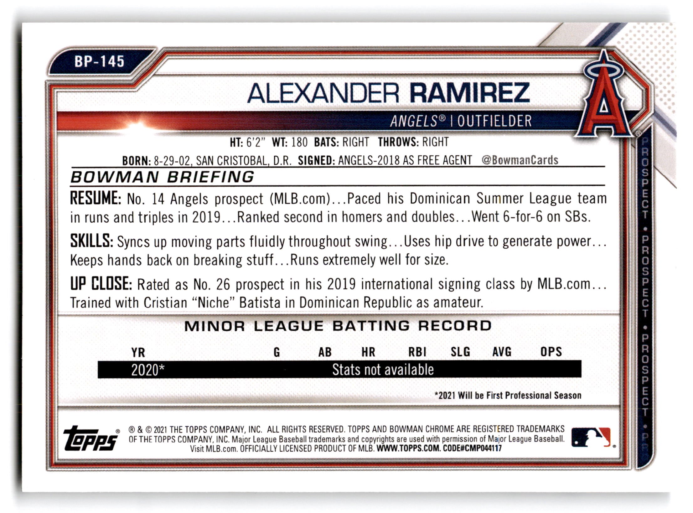 2021 Bowman Prospects Alexander Ramirez #BP-145