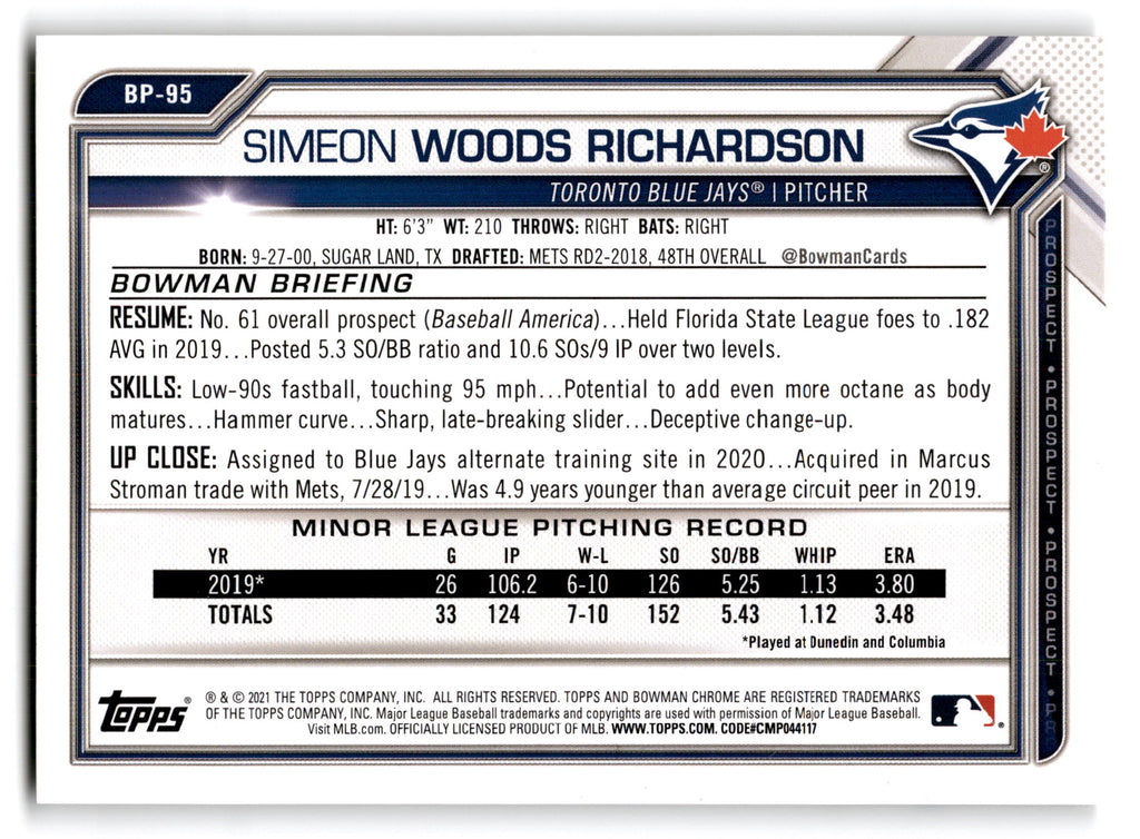 2020 Bowman Prospects Simeon Woods Richardson #BP-95